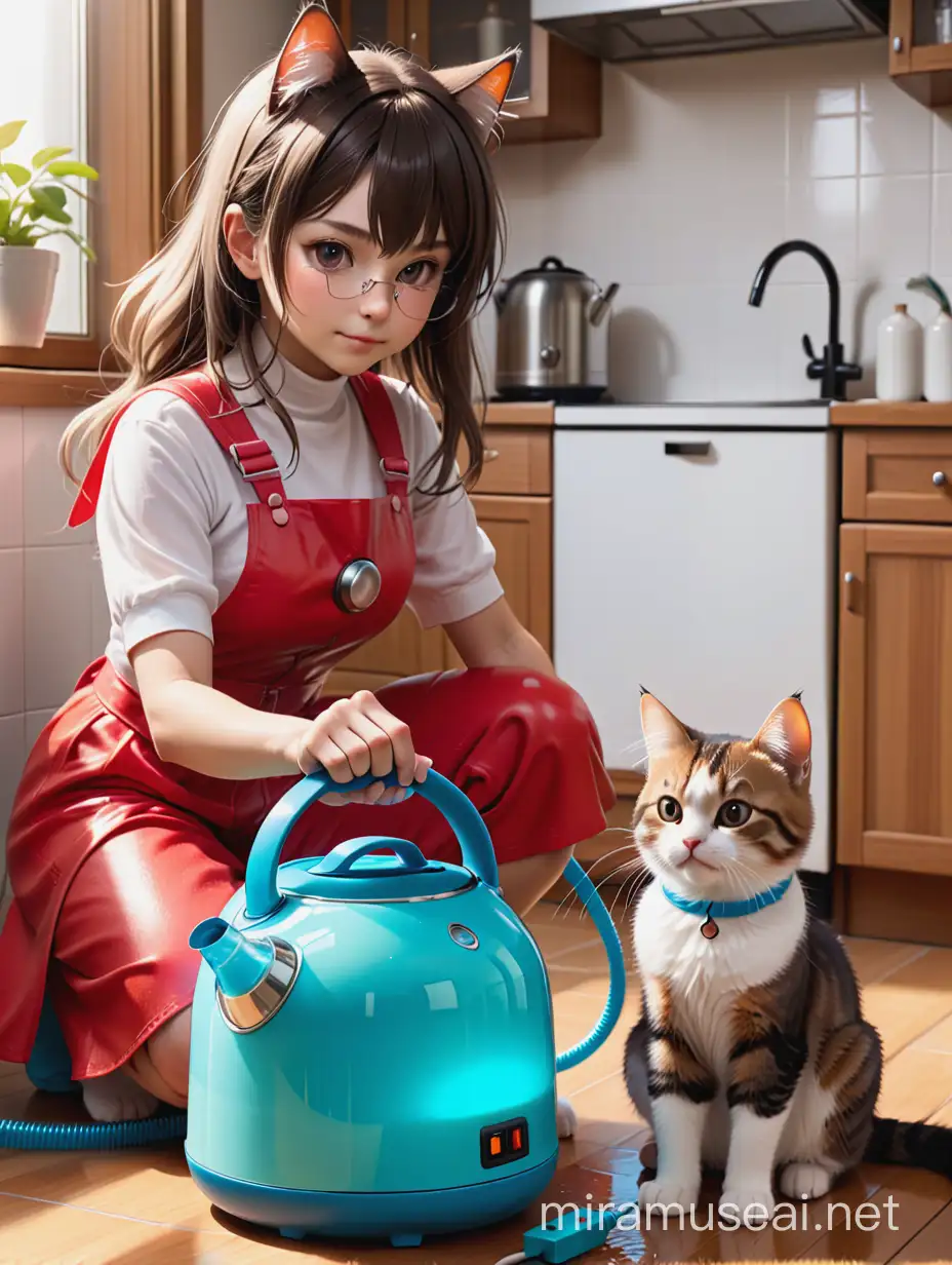 the furry cat girl is put kettle of water on the electric