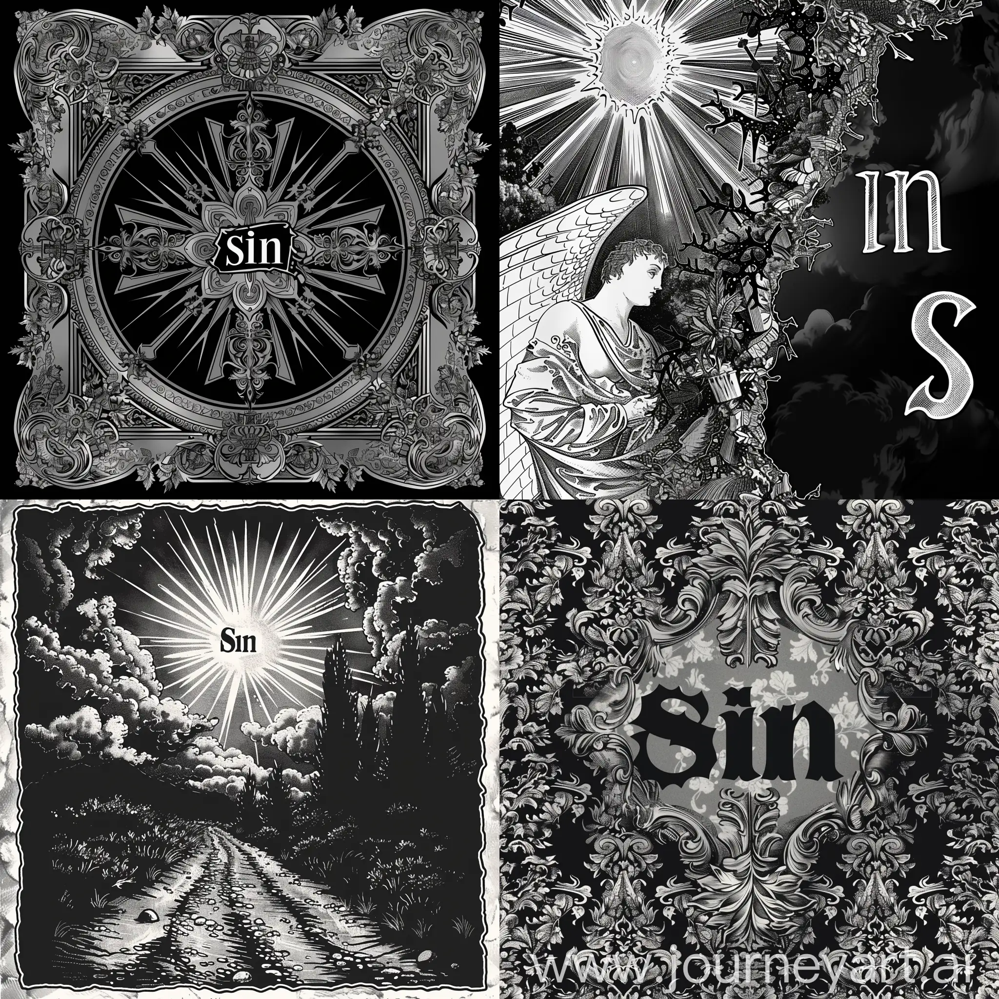 Сгенирируй картинку для начала главы, в реалигиозном формате, черно белую с надписью грех