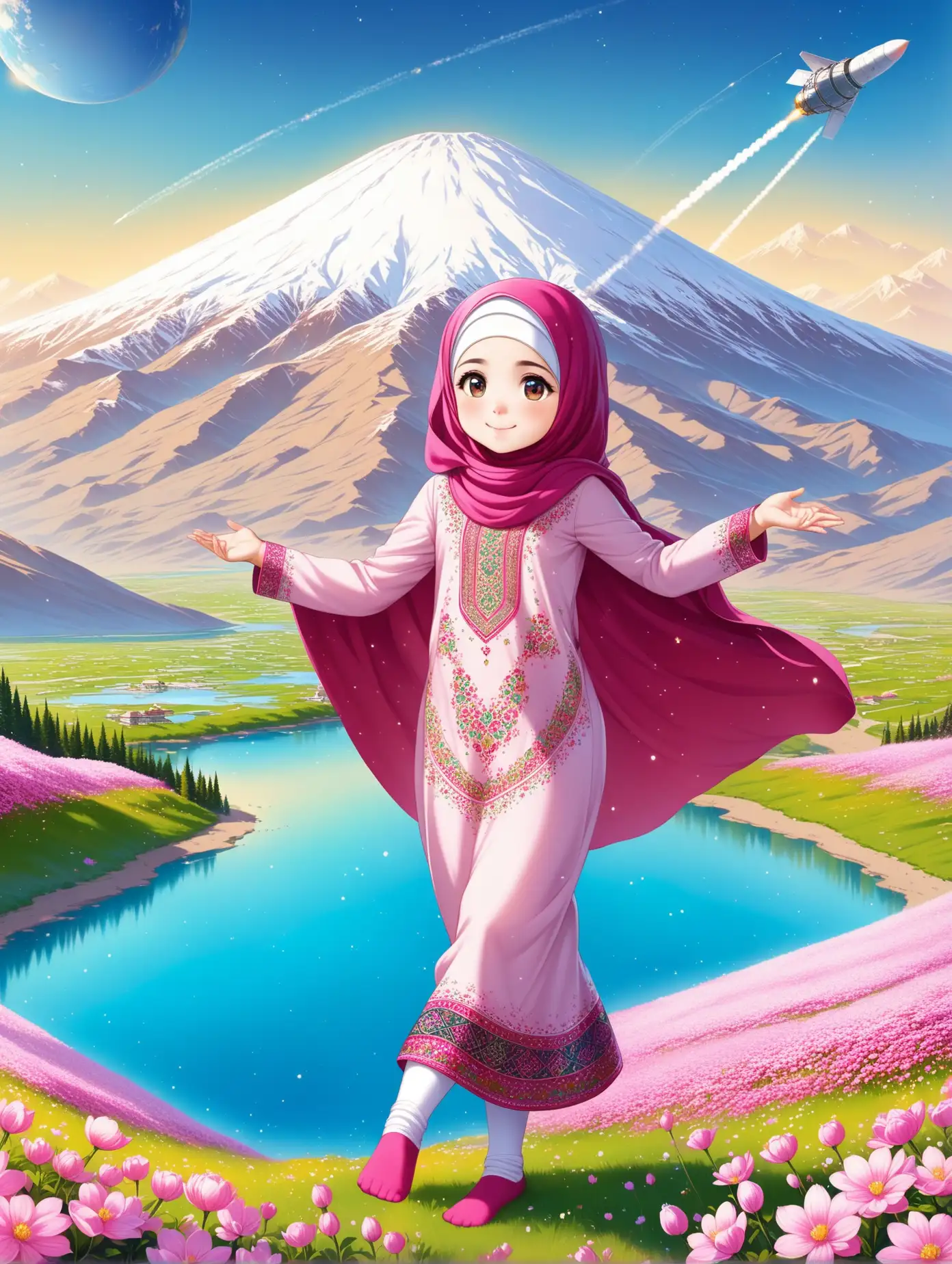 Persian little girl(full height, Muslim, with emphasis no hair nor neck out of veil(Hijab), small eyes, bigger nose, white skin, cute, smiling, wearing socks, clothes full of Persian designs).
Atmosphere Damavand mountain, proudly, firing a super high-tech satellite carrier to sky, full of many pink flowers, lake, spring.