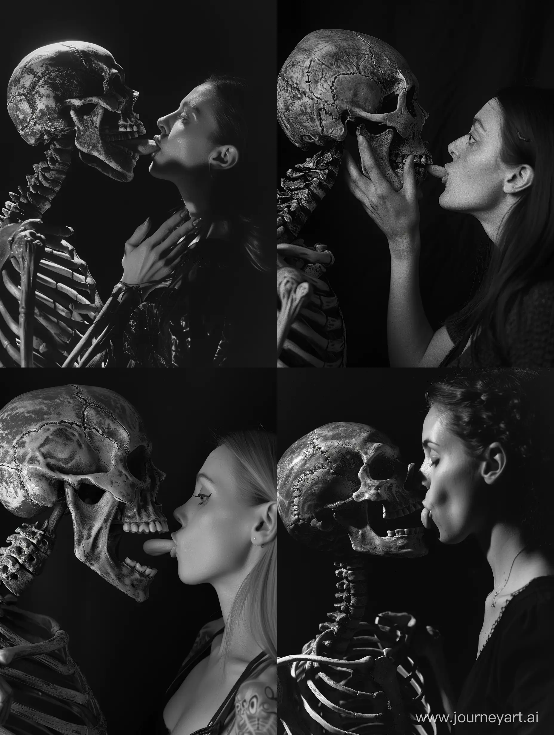 Dark-Aesthetic-Woman-Playfully-Pressing-Tongue-Against-Skeletons-Face