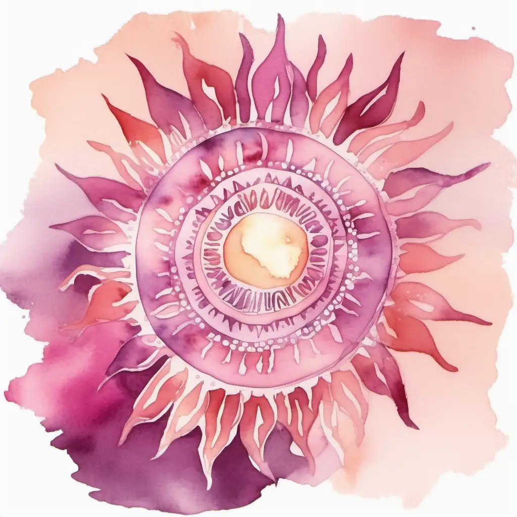 watercolour boho sun in shades of dark pink and purple, isolated background, suitable for a nursery
