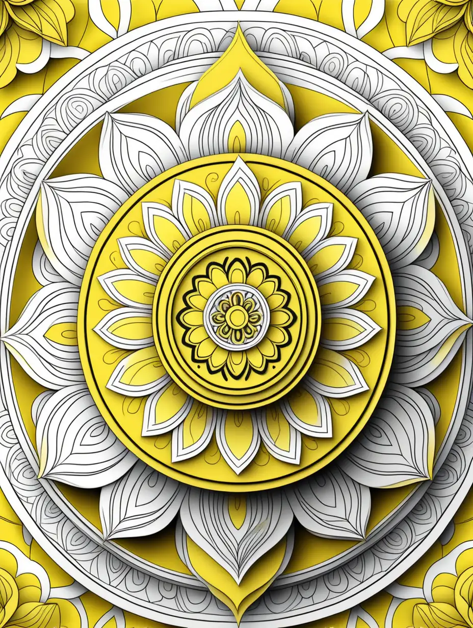 illustration coloring page for adults, mandala , thick lines, low detail, no shading, shades of yellow, 80% white