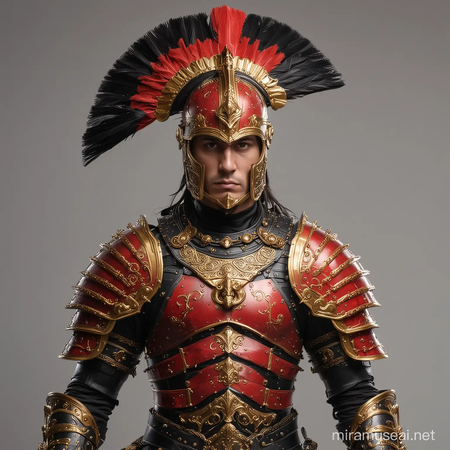 male warrior, with fan head piece, red and black armour, with gold