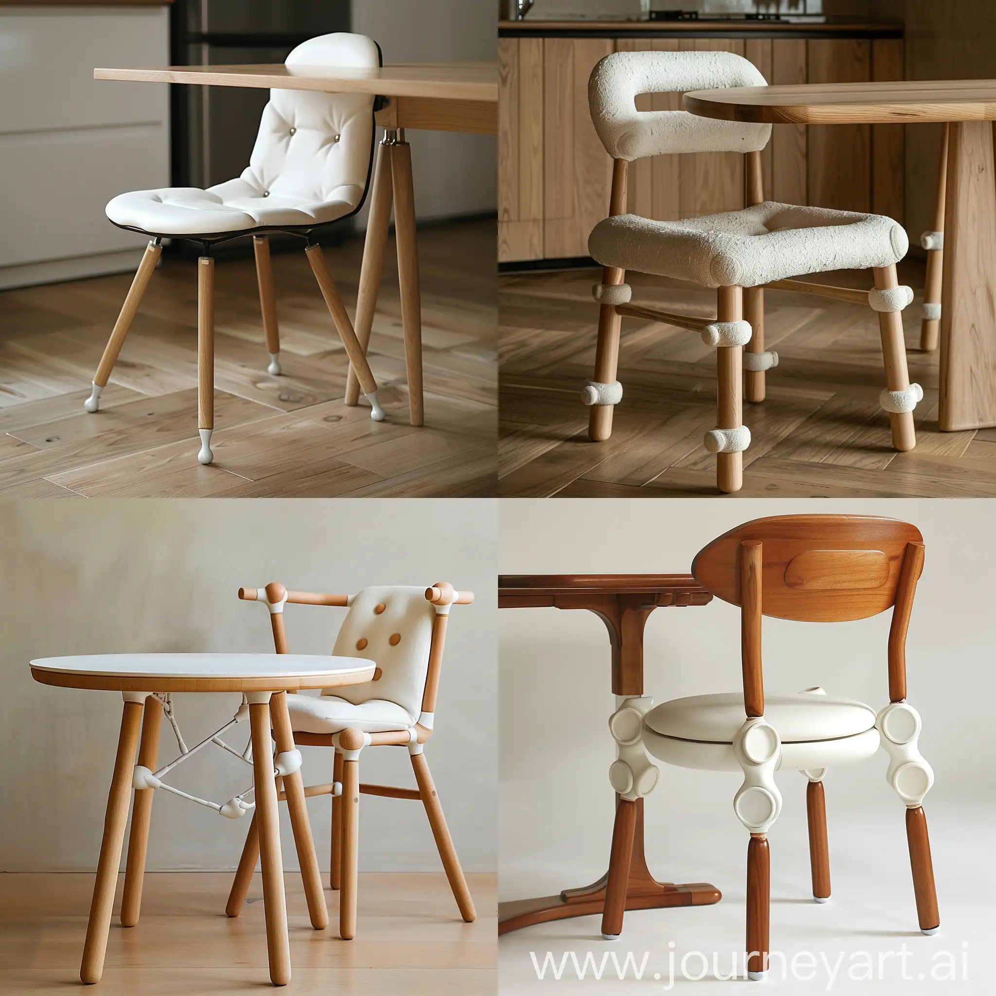 Минималистичный дизайн стула и обеденного стола, у стола и стула в ножках керамические соединения, джапанди, японский минимализм, скандинавский стиль , сиденье и спинка стула мягкие , тонкие ножки у стула и стола, плавные линии