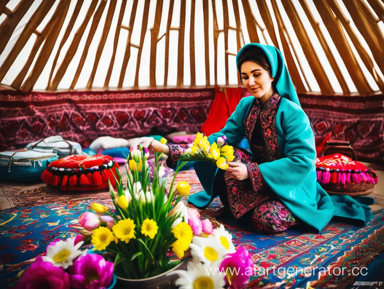 Kazakh-Woman-Celebrating-Nowruz-with-Spring-Flowers-in-Traditional-Yurt-Setting