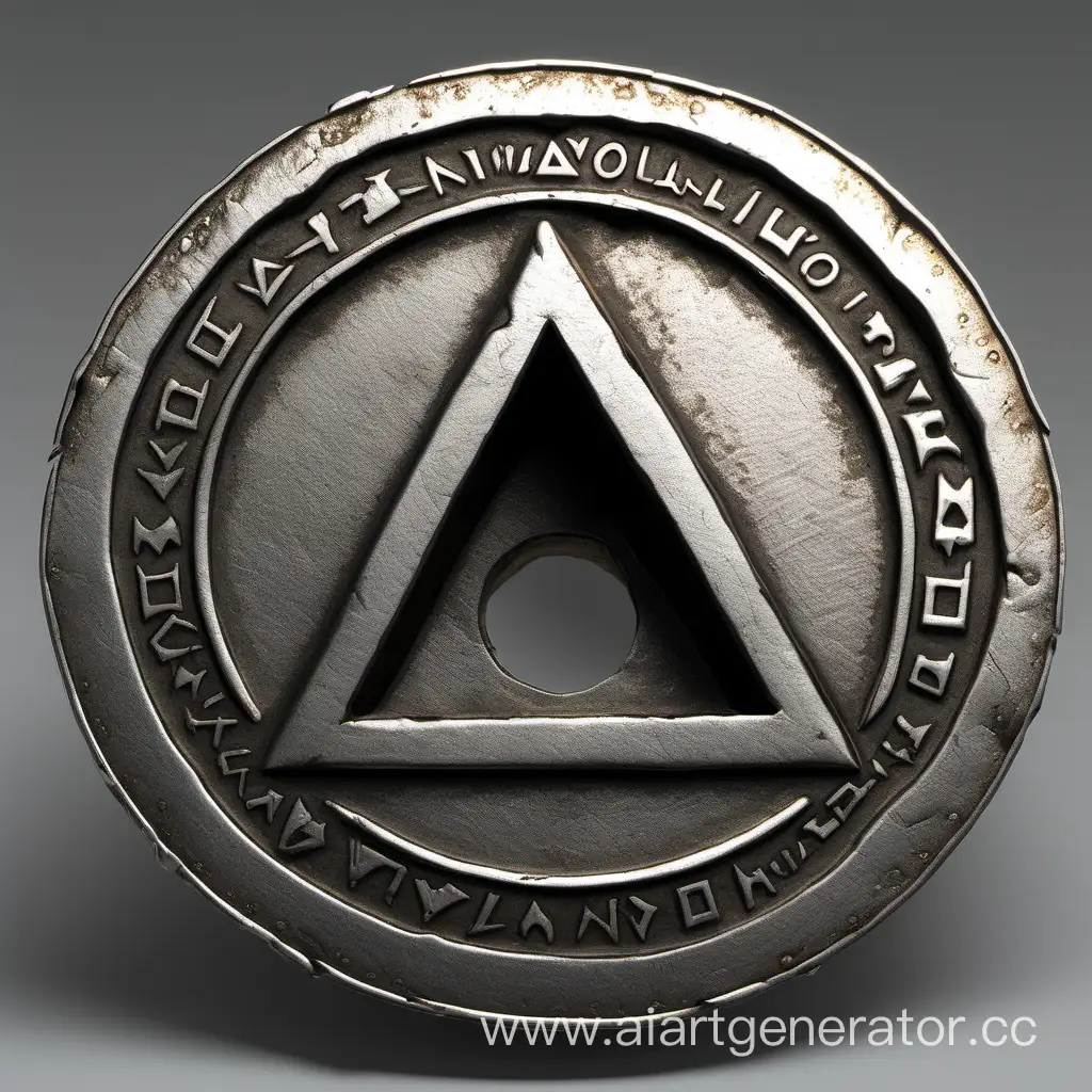 Describe a steel coin with a triangular shape, featuring a small circular hole in the middle. The rim of the hole should be raised, giving the appearance that it was made by hand, very detailed, realistic, --aspect 21:9 