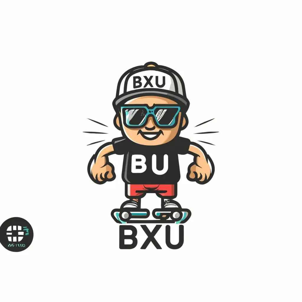 a logo design,with the text "BXU STUFF", main symbol:cartoon head skater man  with trucker cap and glass black and white design,Moderate,clear background