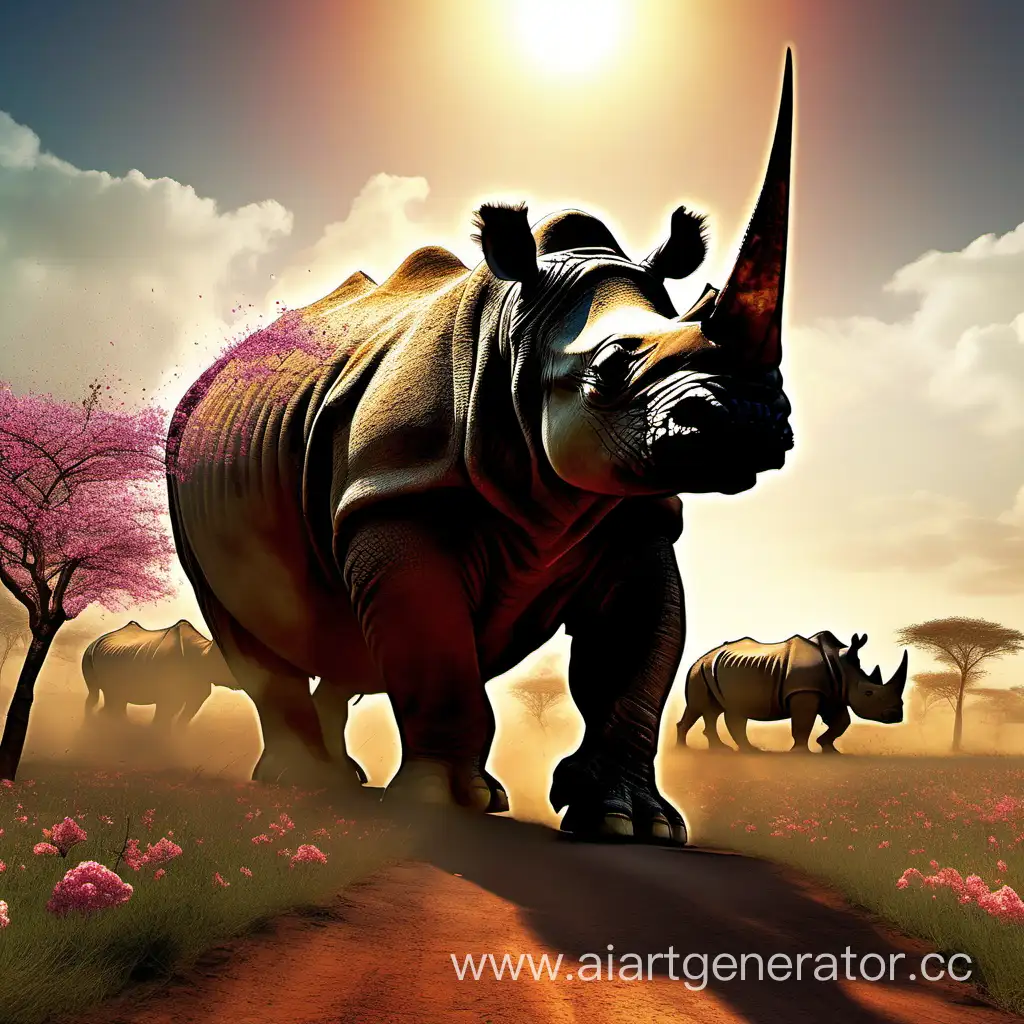 War-Rhinos-Pulling-Siege-Tower-with-Solar-Lens-through-Blossoming-African-Valley