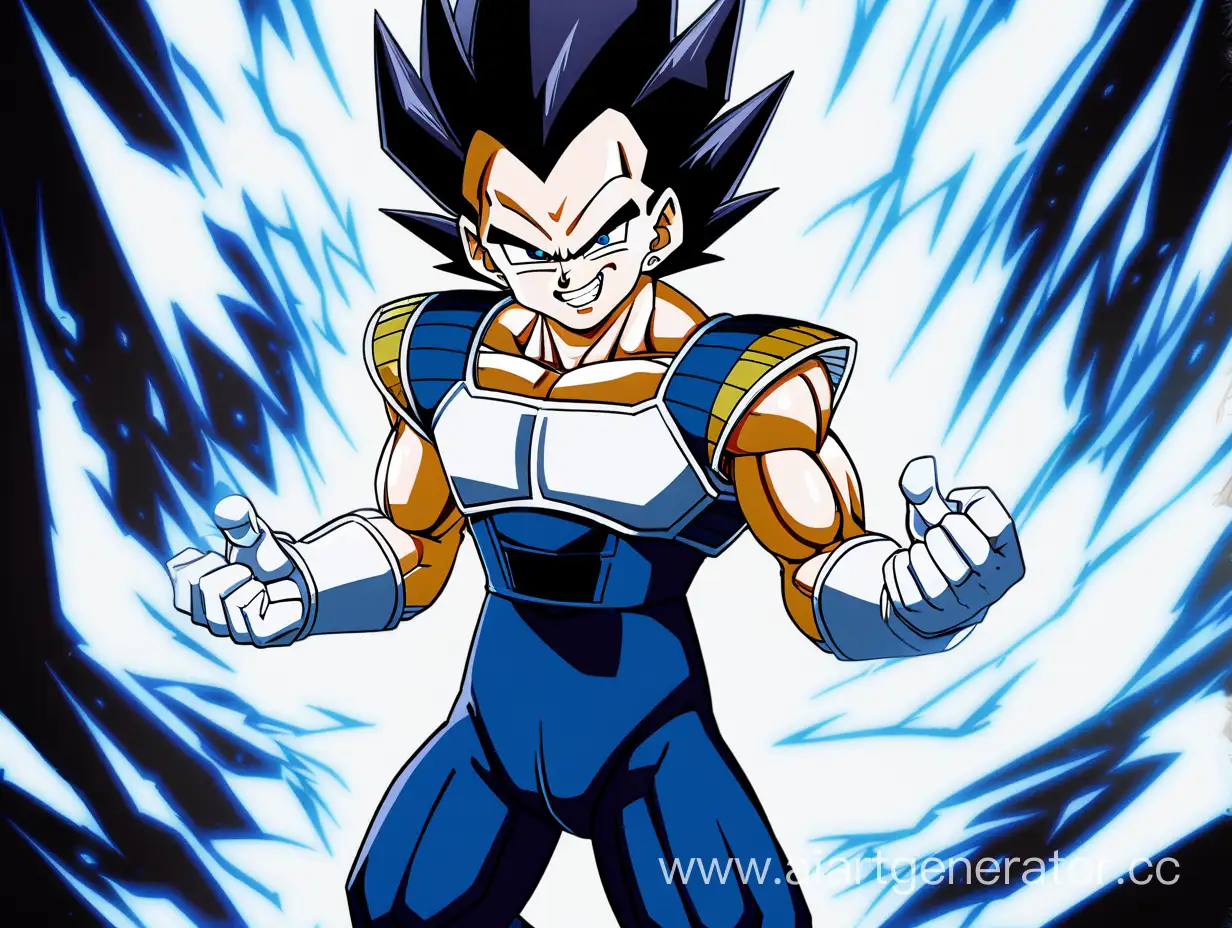 vegeta, full growth, bare torso, bare arms, bare neck, dark blue pants, no wearing on torso dark blue eyes, dark blue hair, smiling, dark blue and white aura, white gaunlets