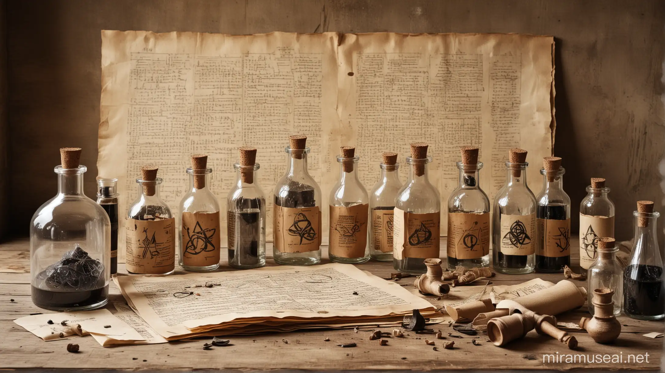 Alchemy laboratorium with bottles and old papers with scirbbled symbols
