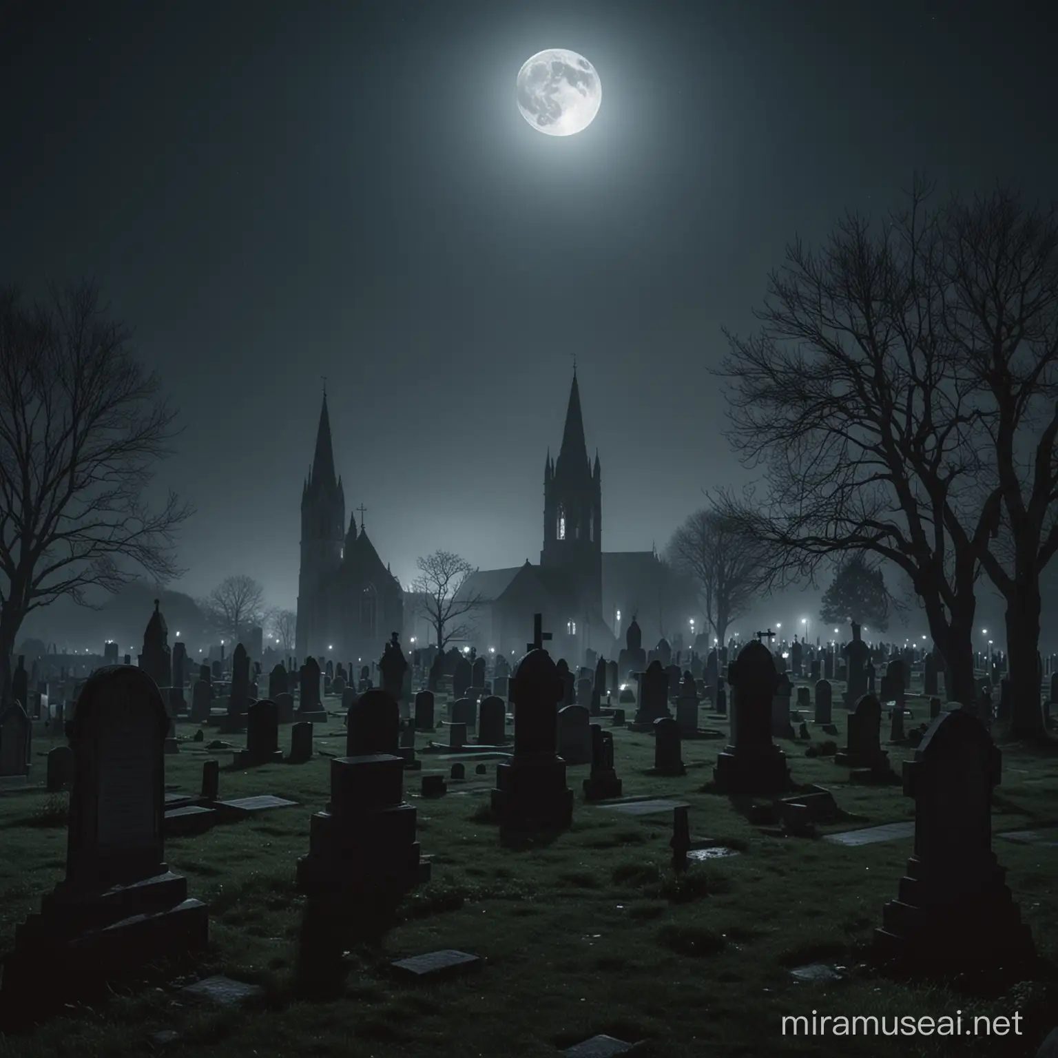 a cemetery in a dark ambience, with the lights on the gravestones, a medieval atmosphere and a church in the distance, with the moon