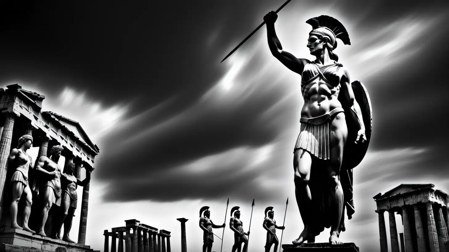 A dark landscape image of an ancient spartan society deeply connected to spartanism, black and white, ancient greek architecture, include one single big statue of a stereotypical strong spartan woman , loenidas --ar 16:9 --style G4JuqKlERum6vZGYhO9USsL"