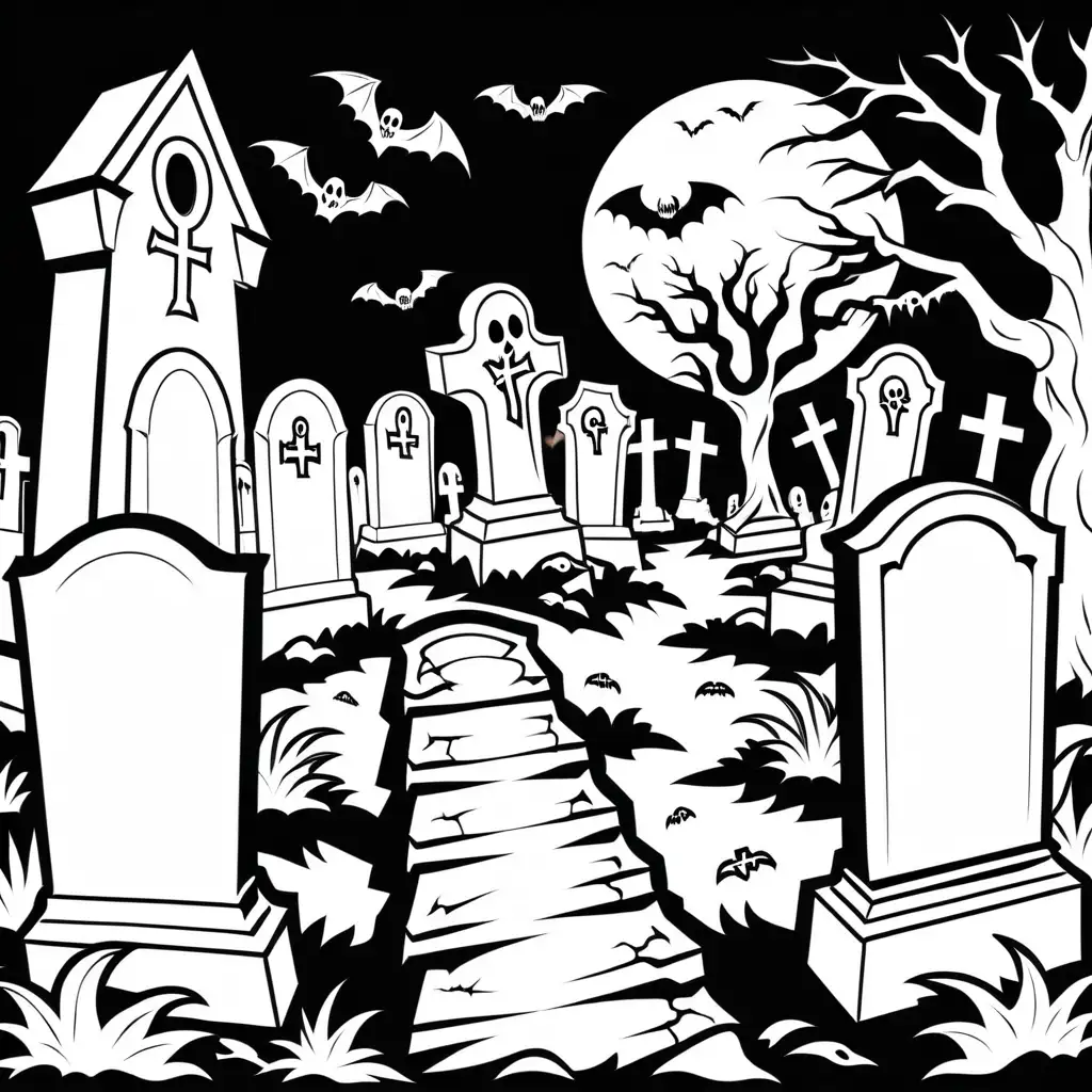 a simple black and white coloring book outline of a haunted graveyard
