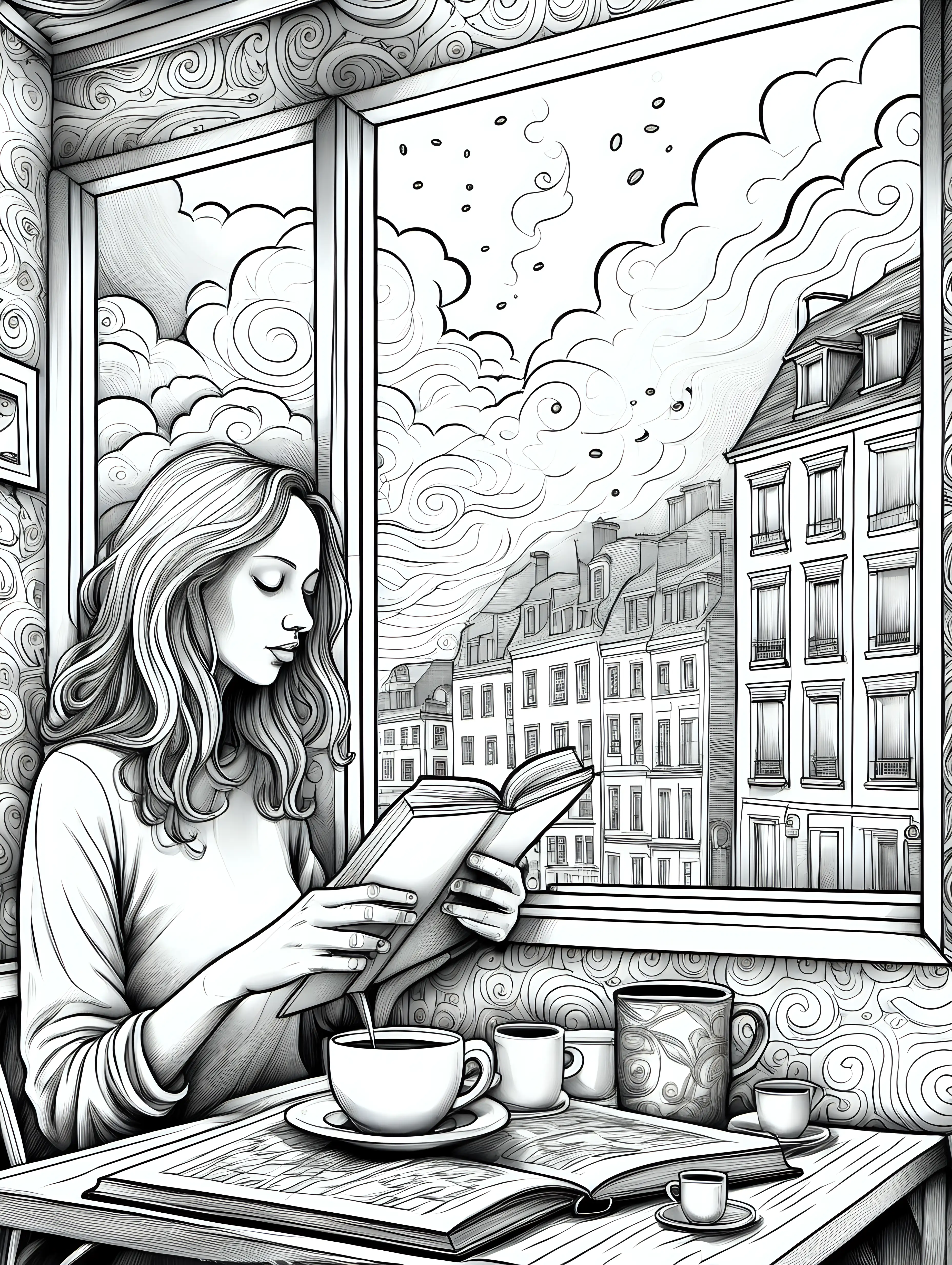 Entwirf eine Serie von Illustrationen für ein Erwachsenen-Malbuch mit dem Titel 'Kaffeeklatsch und Farbenzauber', das sich auf die intimen Momente des Kaffeegenusses konzentriert. Die Bilder sollen die persönliche und fast meditative Erfahrung des Kaffeetrinkens zu Hause oder in einem stillen Eckcafé darstellen. Stelle dir Szenarien vor, wie jemand am frühen Morgen seinen frisch gebrühten Kaffee an einem regennassen Fenster genießt, eine Person, die in ein Buch vertieft ist, während sie neben einer dampfenden Espresso-Tasse sitzt, oder eine kreative Seele, die in einem Notizbuch kritzelt, umgeben von einer inspirierenden Sammlung von Kaffeeutensilien.

Die Illustrationen sollten feine Details enthalten, wie die Textur des Kaffeeschaums, das Muster auf einer Keramiktasse oder die sanften Dampfschwaden über einer heißen Tasse. Jedes Bild sollte genug Komplexität bieten, um den Ausmalern ein tiefes Eintauchen zu ermöglichen und gleichzeitig Raum für individuelle Farbgestaltung lassen. Ziel ist es, eine Kollektion zu kreieren, die nicht nur die sensorischen Freuden des Kaffeetrinkens einfängt, sondern auch als Rückzugsort für Ruhe und künstlerische Entfaltung dient.
