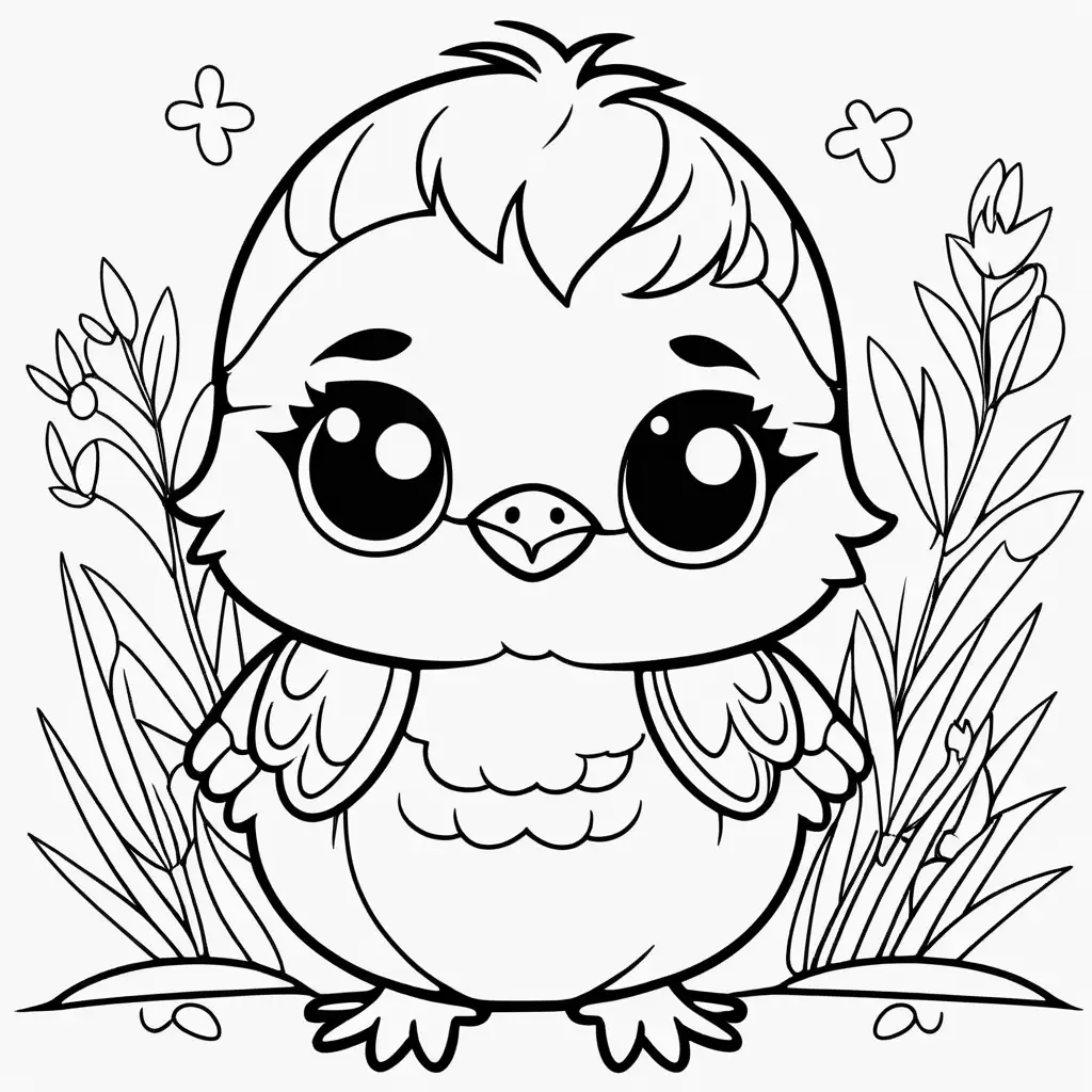 coloring book page outline, outline of a kawaii style cute and adorable baby quail 


