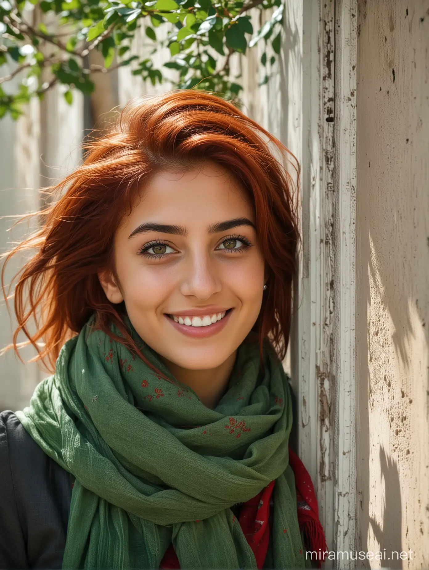 Portrait of an Iranian girl with red hair wearing a green scarf with green eyes in the wind with the shadow of a tree branch falling on her face and smiling next to an old window