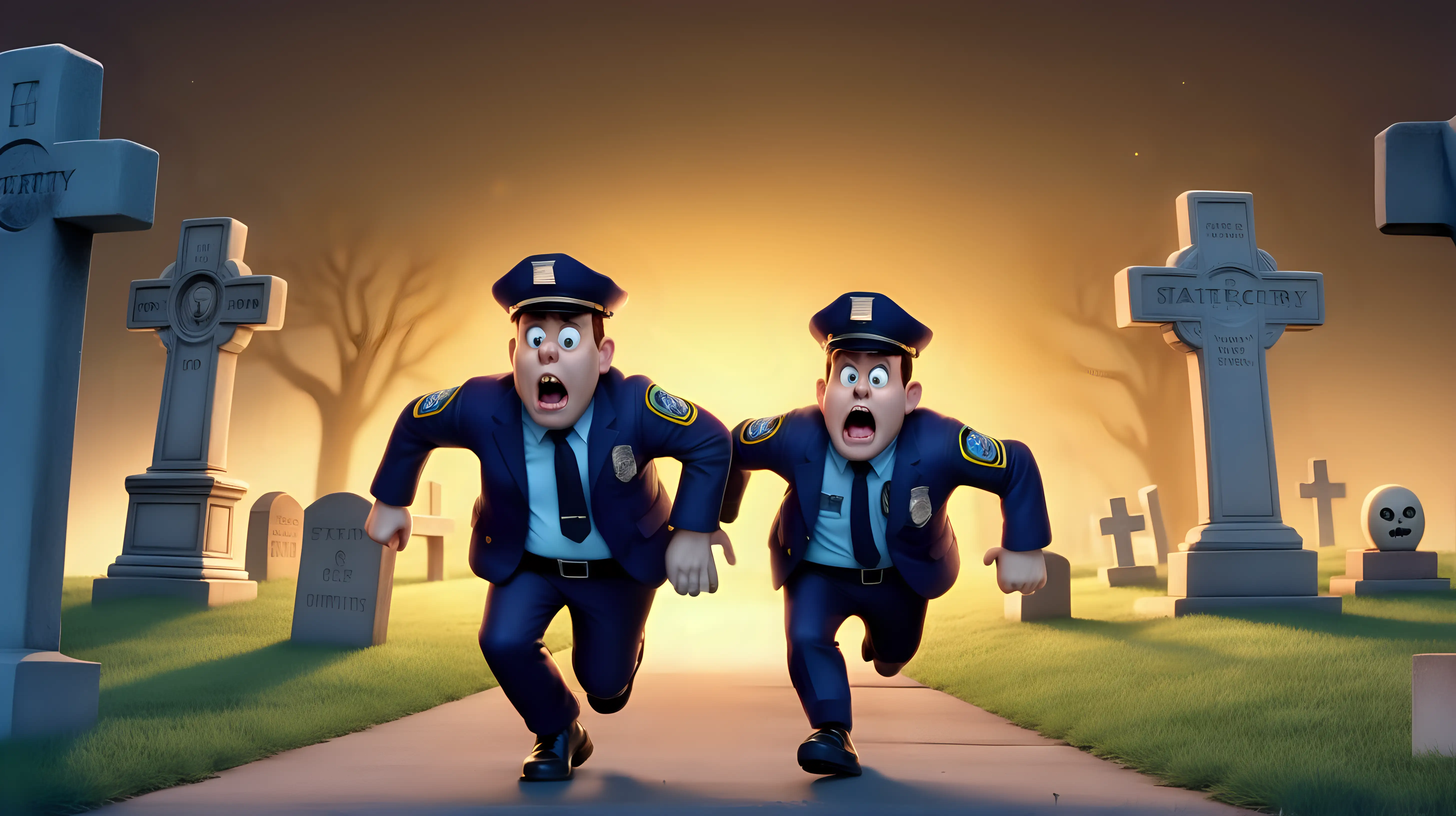 american cartoon, cinematic lighting, scared, security guards, running away, at cemetery