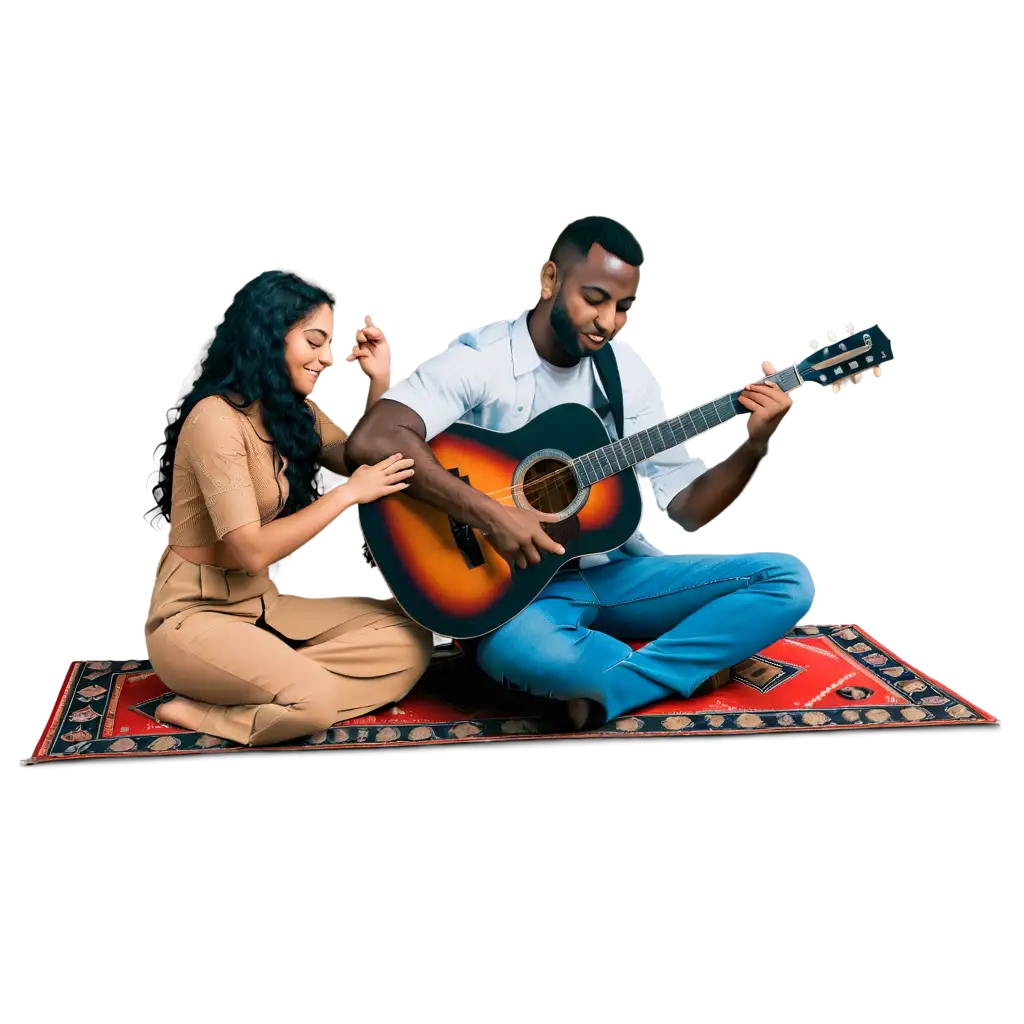 Rear side view: A dark-skinned Saudi young man, with a thin, tall body, sits cross-legged on the floor, hugging the guitar, and playing a beautiful song. A beautiful young woman sits in front of him and looks at him intently. They seem to be sitting on a rug in an old mud room.