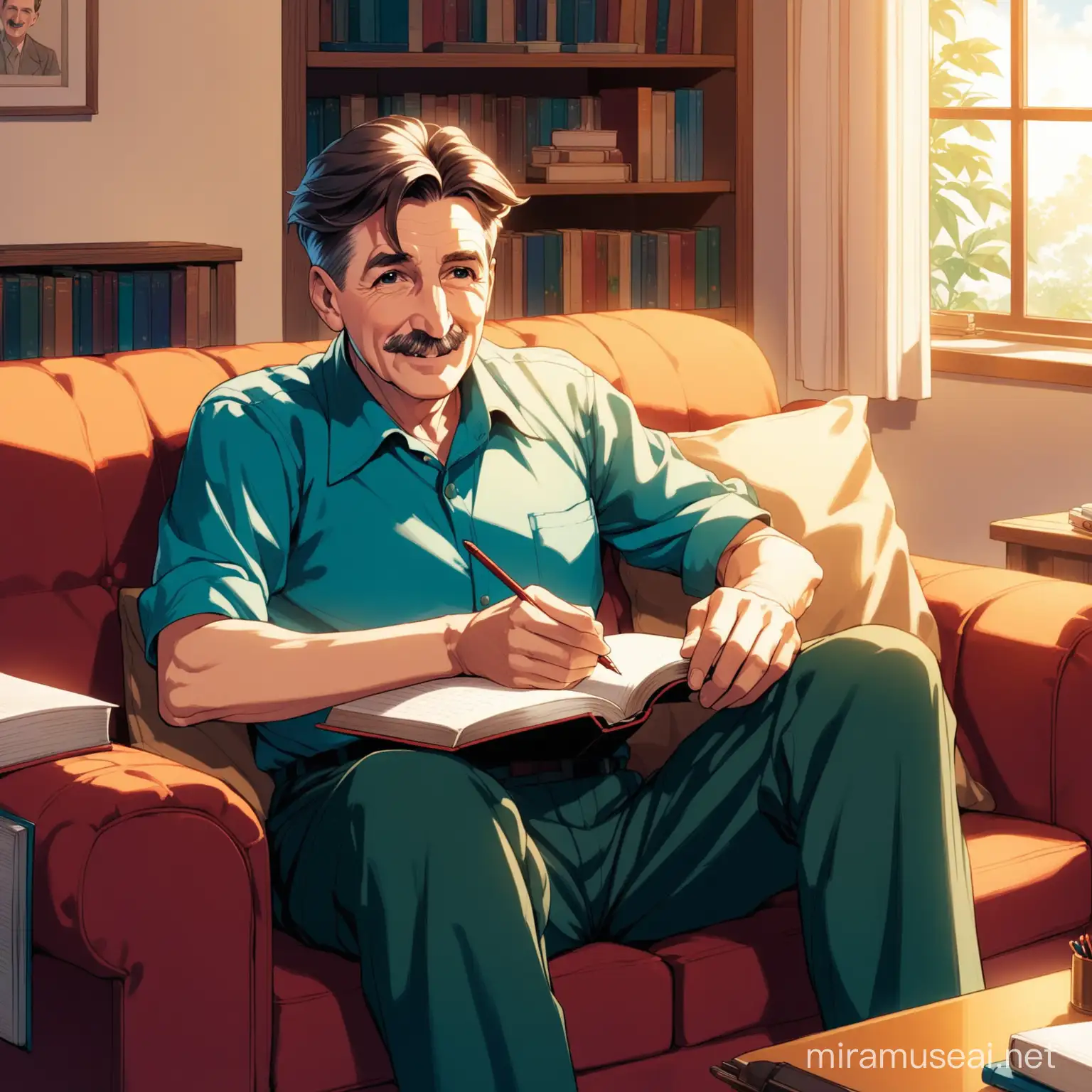 George Orwell sitting on his couch, in his living room, watching anime on his TV, while writing books, he looks very happy and entertained