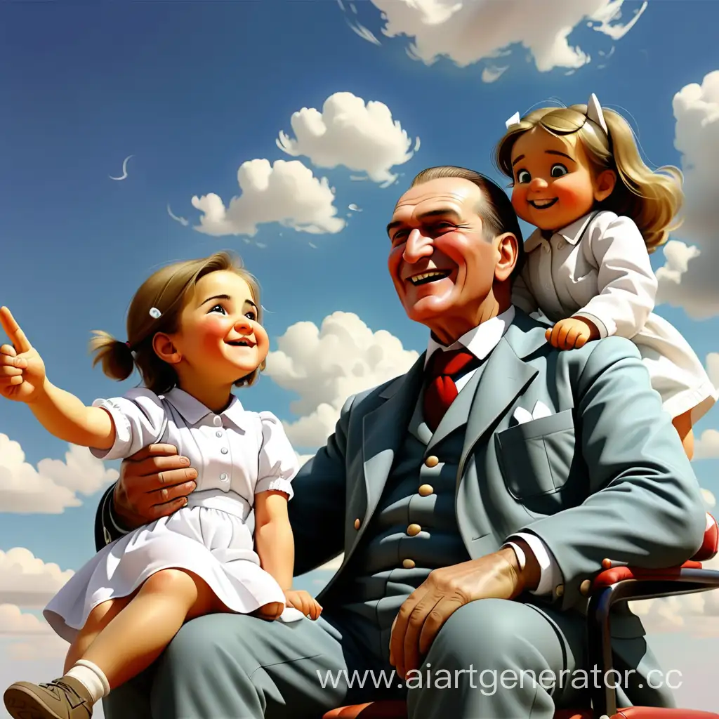 Ataturk and a little girl on his lap next to him, an engineer, a doctor, an athlete, a child are looking at the sky in a happy and cheerful way