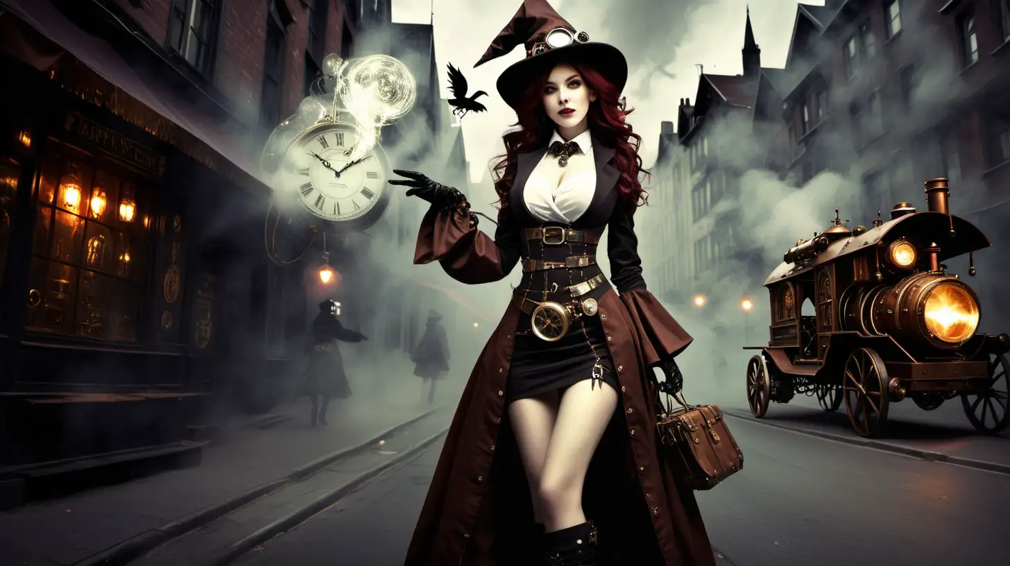 Steampunk Women Witch Celebrating a Happy New Year on the Street