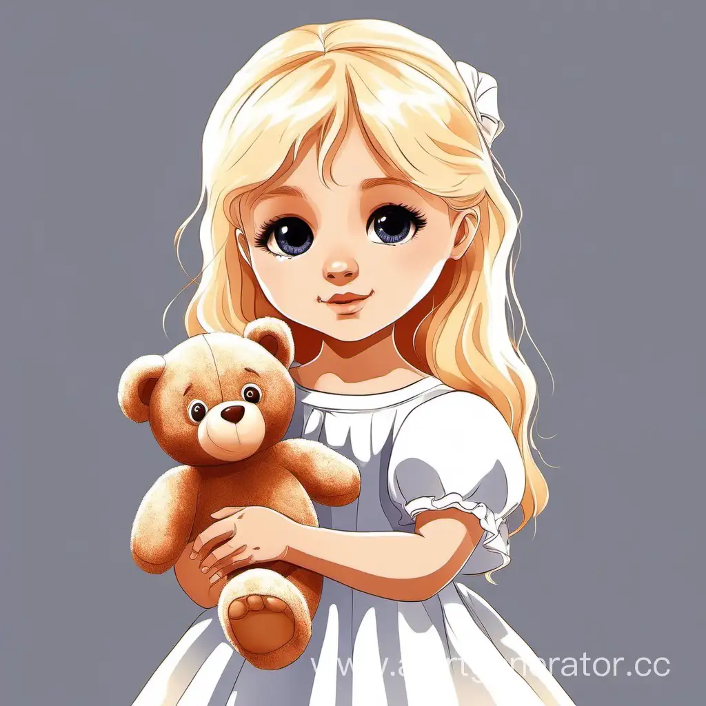 A little girl in a white dress and blonde hair holds a teddy bear in her hand. 2D image
