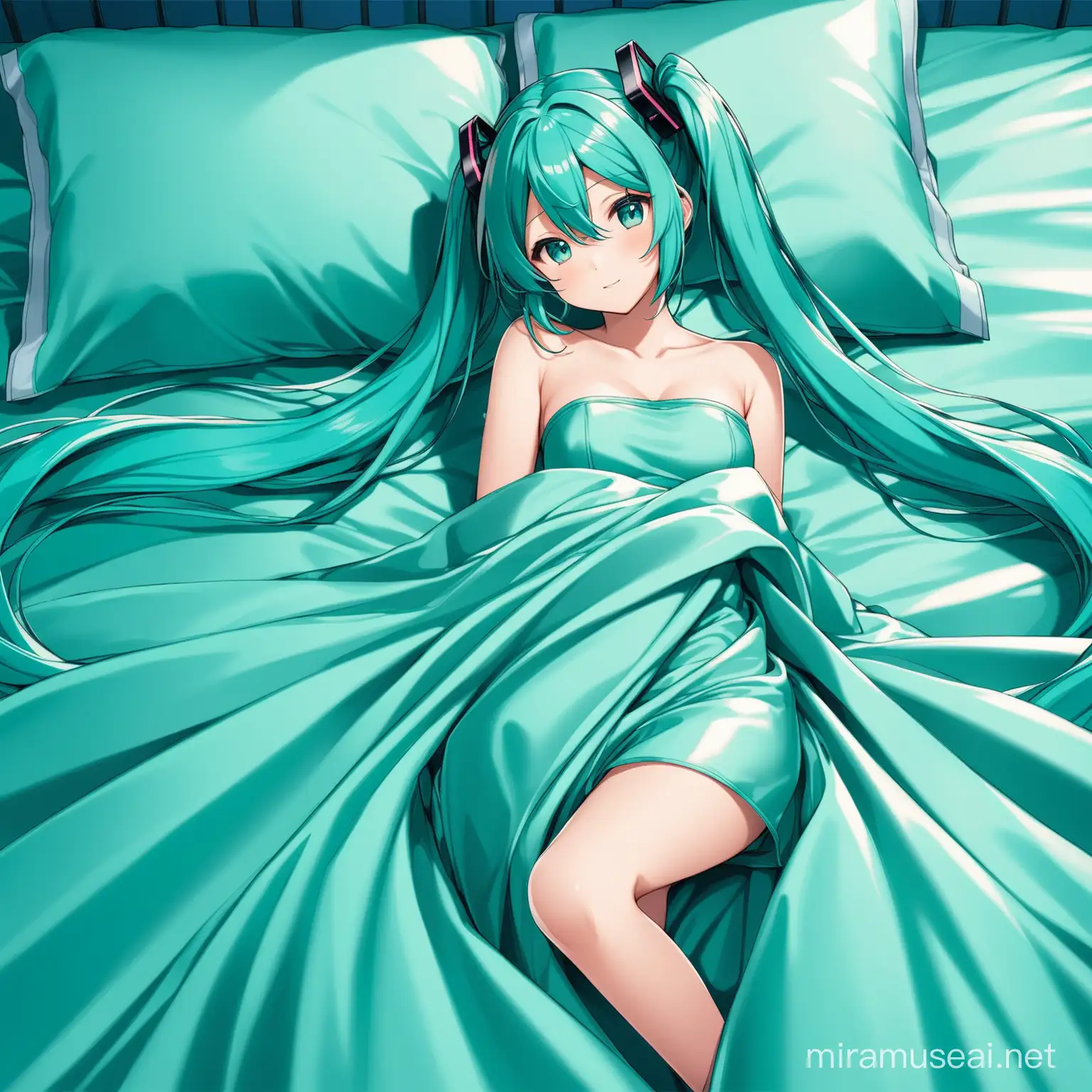 hatsune miku laying on teal satin bed covered with sheets and strapless