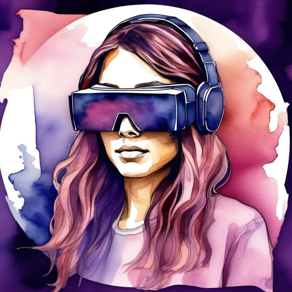 Generate a profile picture (PFP) for a women's tribe symbolizing fluidity, confidence, and strength in the tech world, using watercolors. Depict a woman with shoulder-length hair flowing freely, her skin with a wheatish hue, facing forward with a confident expression. Place a virtual reality (VR) headset over her eyes, symbolizing immersion in the digital realm of technology. Incorporate a blend of pink and purple shades into the background and clothing, representing femininity and innovation. The overall image should exude empowerment and resilience within the tech community while showcasing the blend of fluidity and technological advancement.