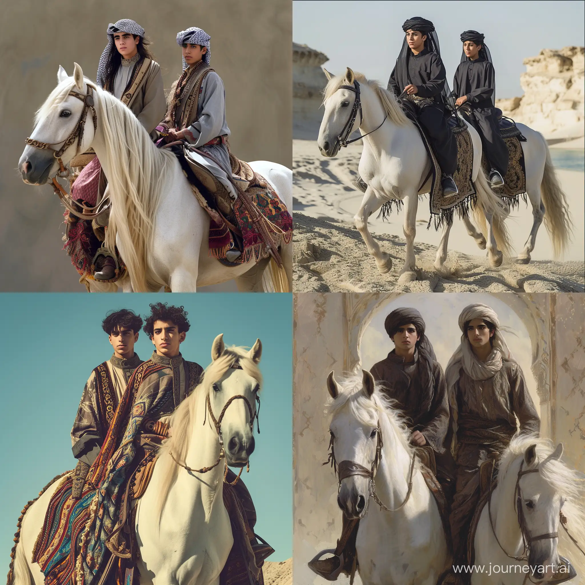 two young man in Middle East style riding on the same white horse with long body.