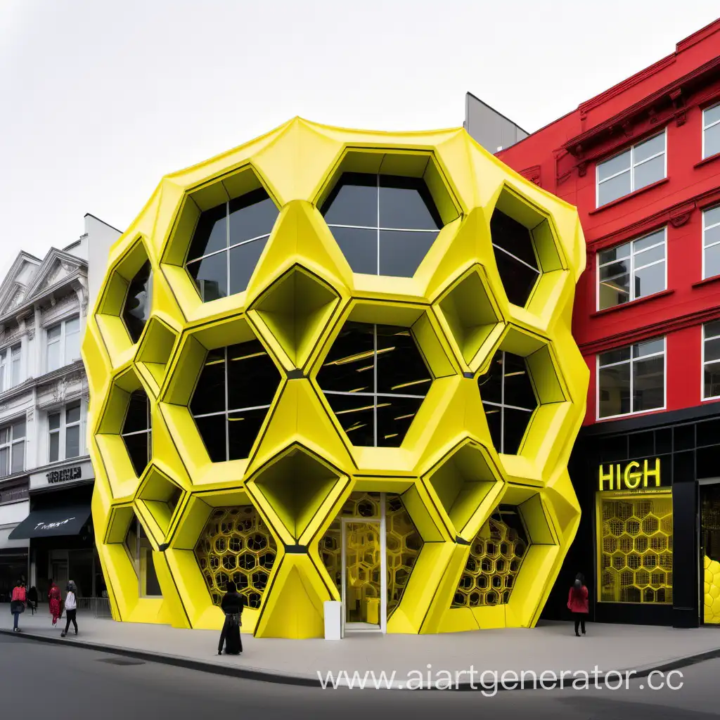 high-tech clothing store outside, made of large neon yellow honeycomb-shaped stores