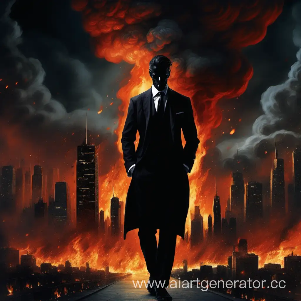 Темная фигура в элегантном костюме на фоне горящего мира 