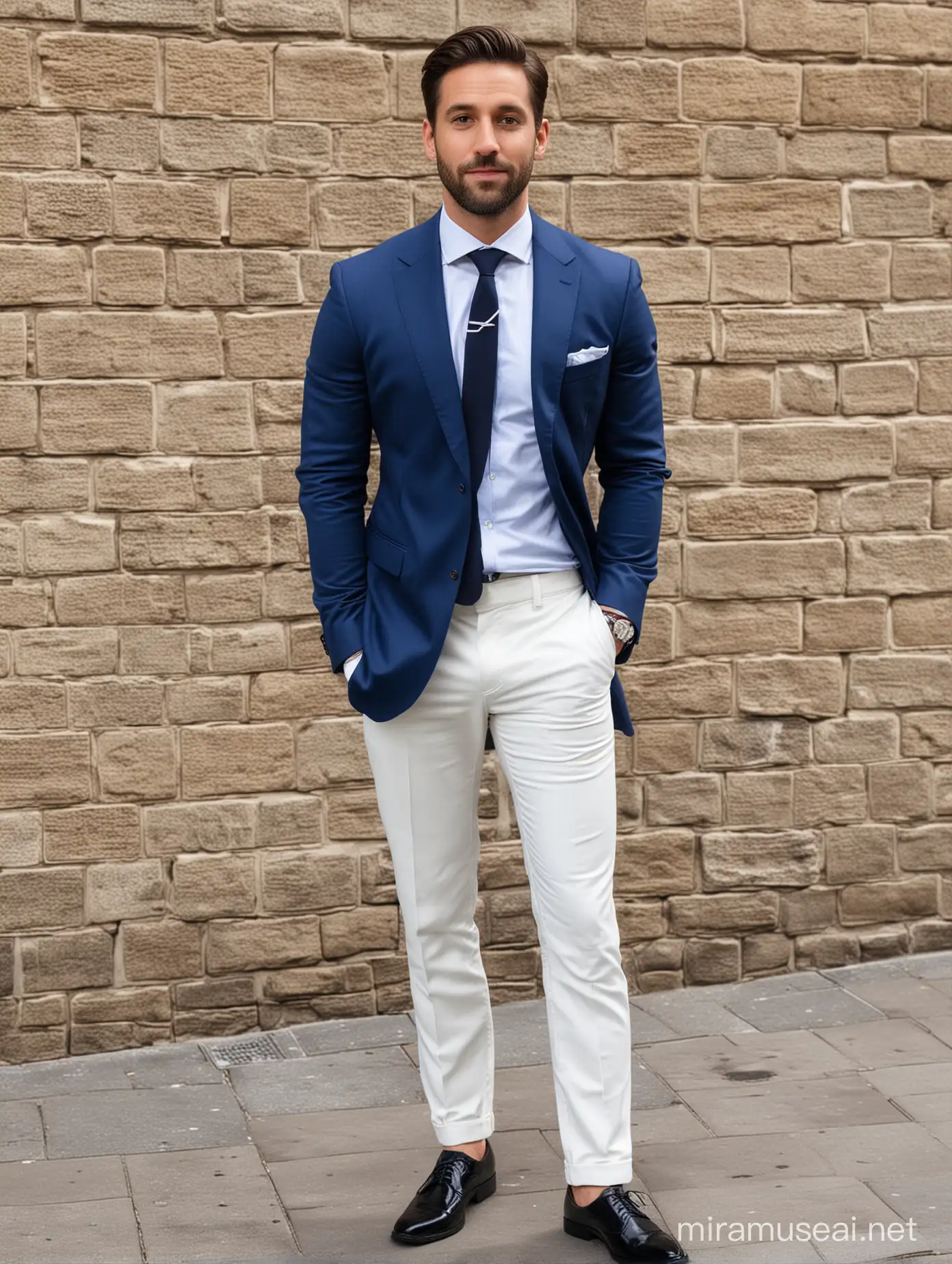 30 year old man, tv journalist, fit body, wear blue JACKET, WHITE TROUSERS, white shirt and blue tie, black shoes, , journalist, full body, head to toe

