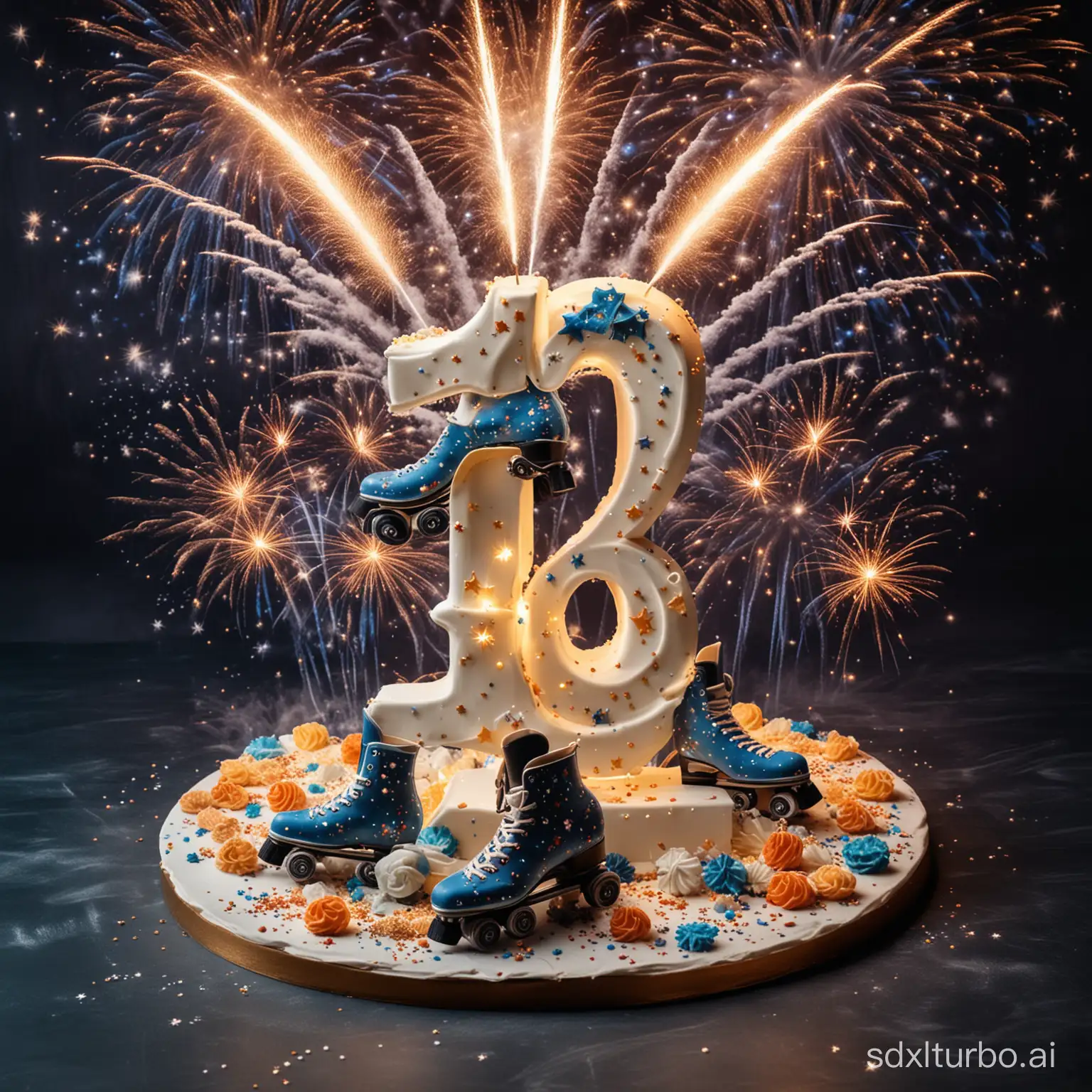 pastel de cumpleaños con un numero 16 en el centro en forma de vela y unos patines de ruedas sobre un fondo de fuegos artificiales