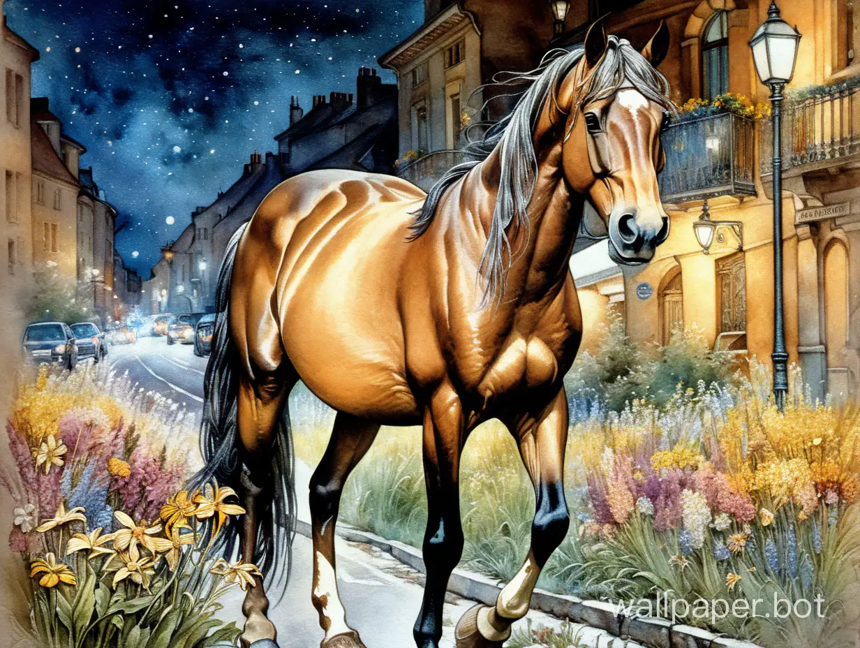 Enchanting-Night-Scene-Horse-Amidst-Wild-Flowers-and-Watercolor-Drips