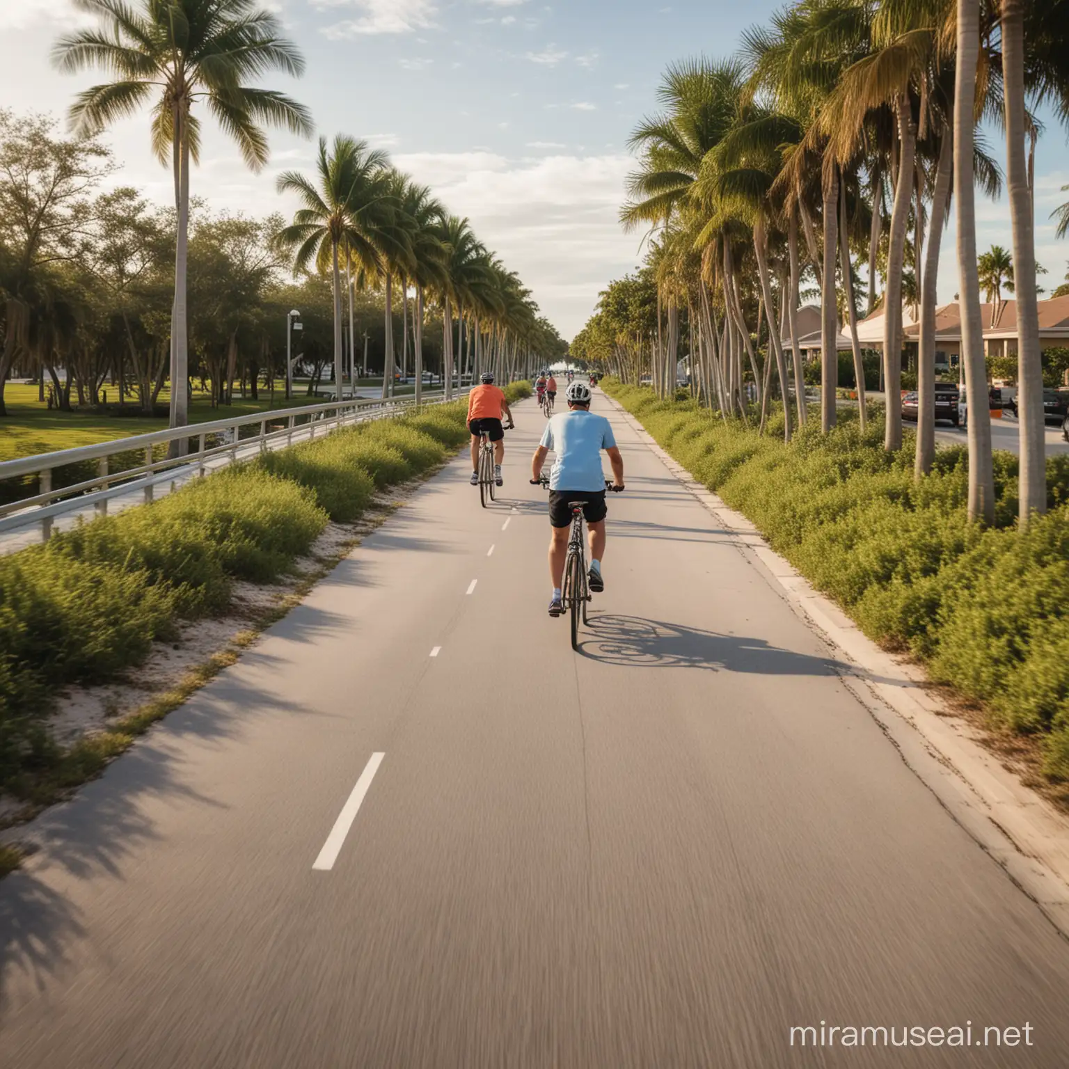 realistic photo of people biking down a bike path in Cape Coral Florida