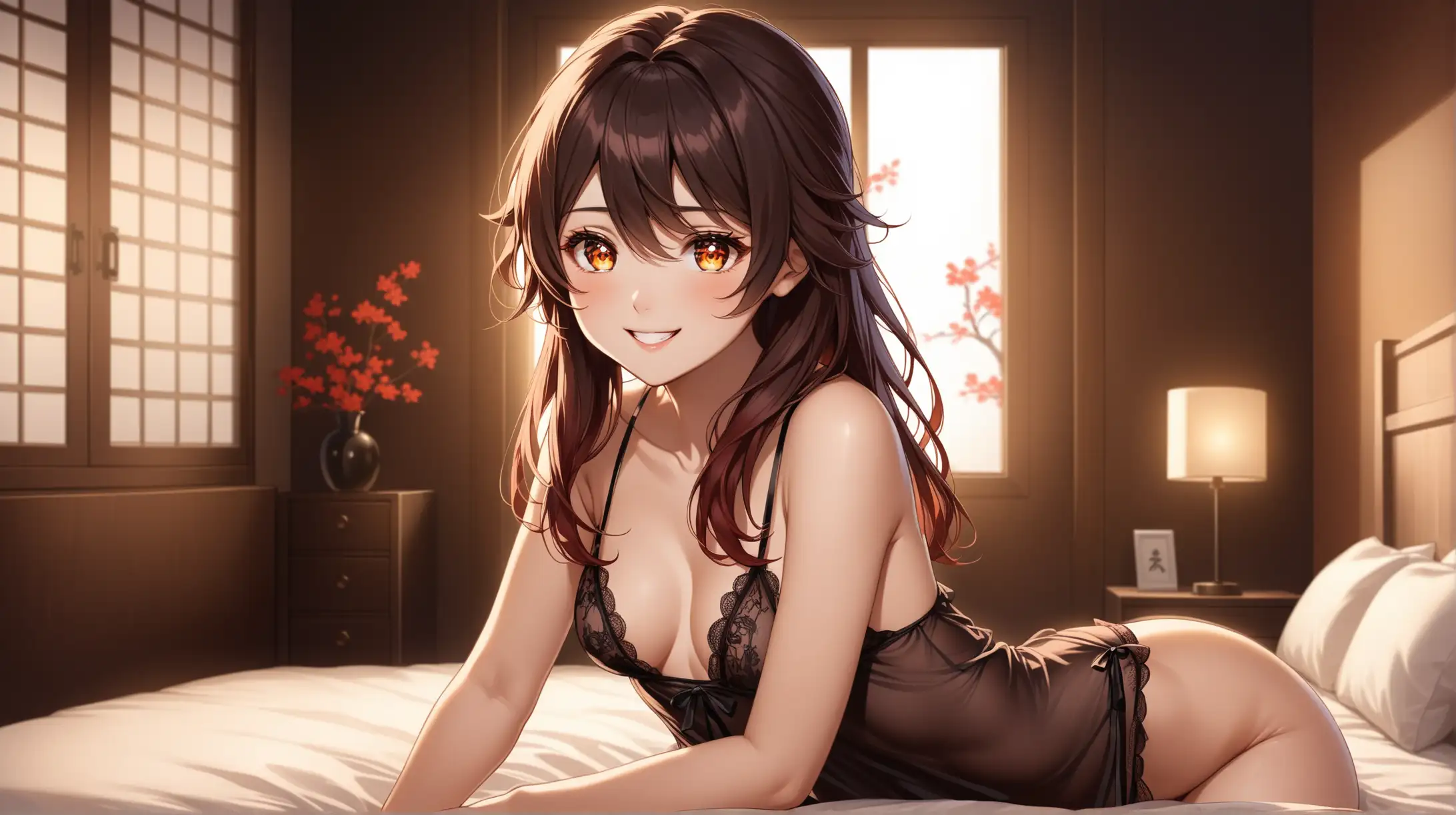 Draw the character Hu Tao, high quality, dim lighting, long shot, indoors, bedroom, seductive pose, babydoll dress, revealing, erotic, smiling at the viewer