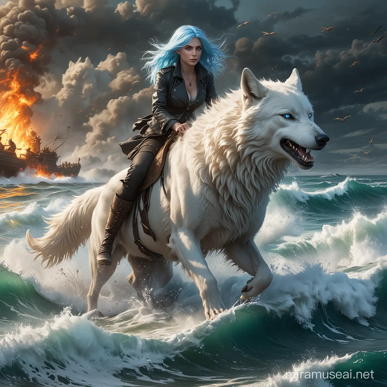 BlueHaired Woman Riding White Wolf Across Fiery Sea Pursued by Black Werewolves