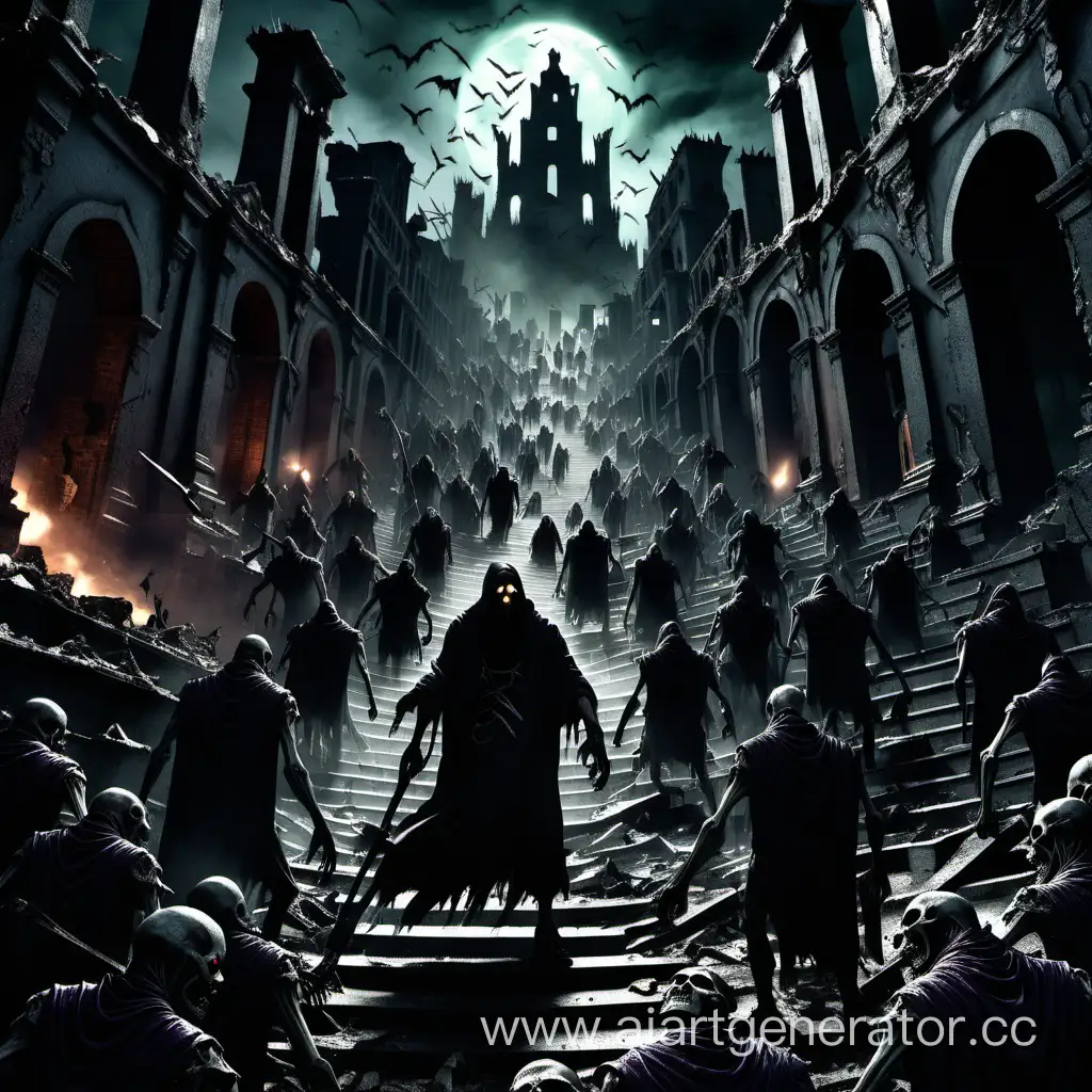 A necromancer with his army of undead steps through a ruined city in the dark