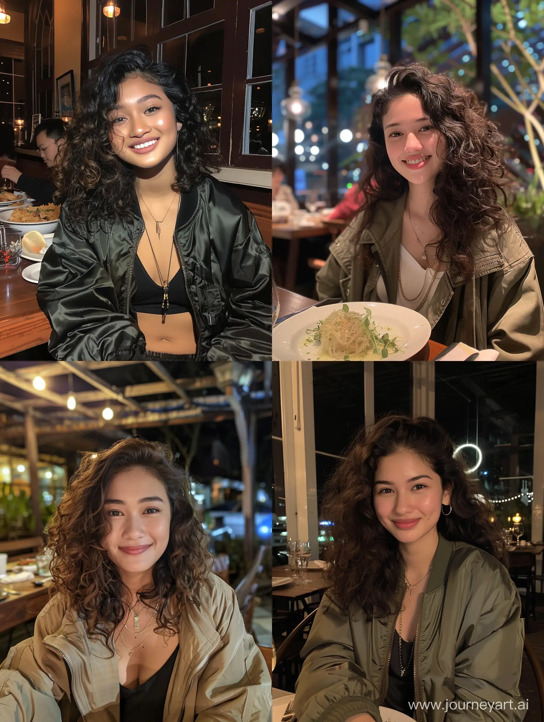 Phone photo of attractive Indonesian girl on our first date, curly hair wearing cool jacket, dinner at fancy restaurant out door, posted on snapchat, brunette, casual grin
