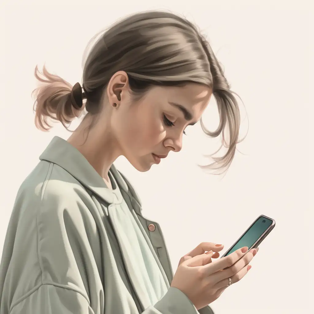 In muted spring colors: a woman concentrating on a mobile phone, on a blank background with space around her