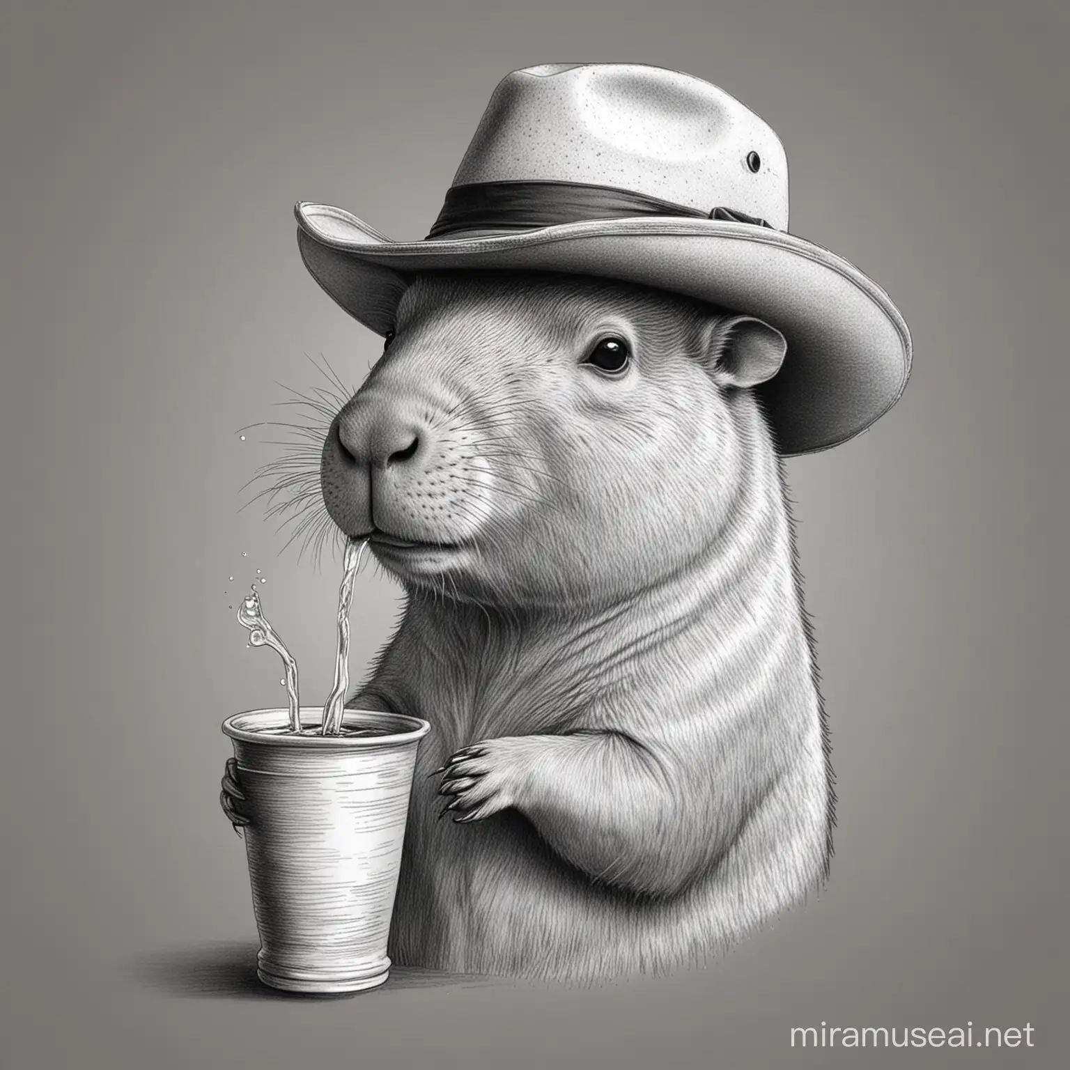 The profile image of a capybara with a hat, it is drinking "tereré", a brazilian beverage, inside of a horn cup. Make the drawing in black and white using cartoon style