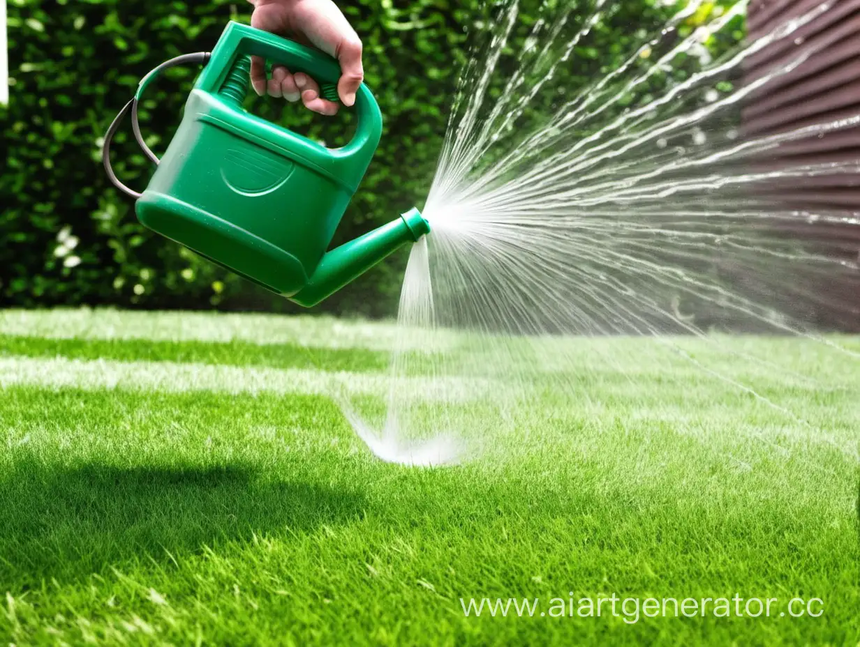человек поливает газон своего дома 