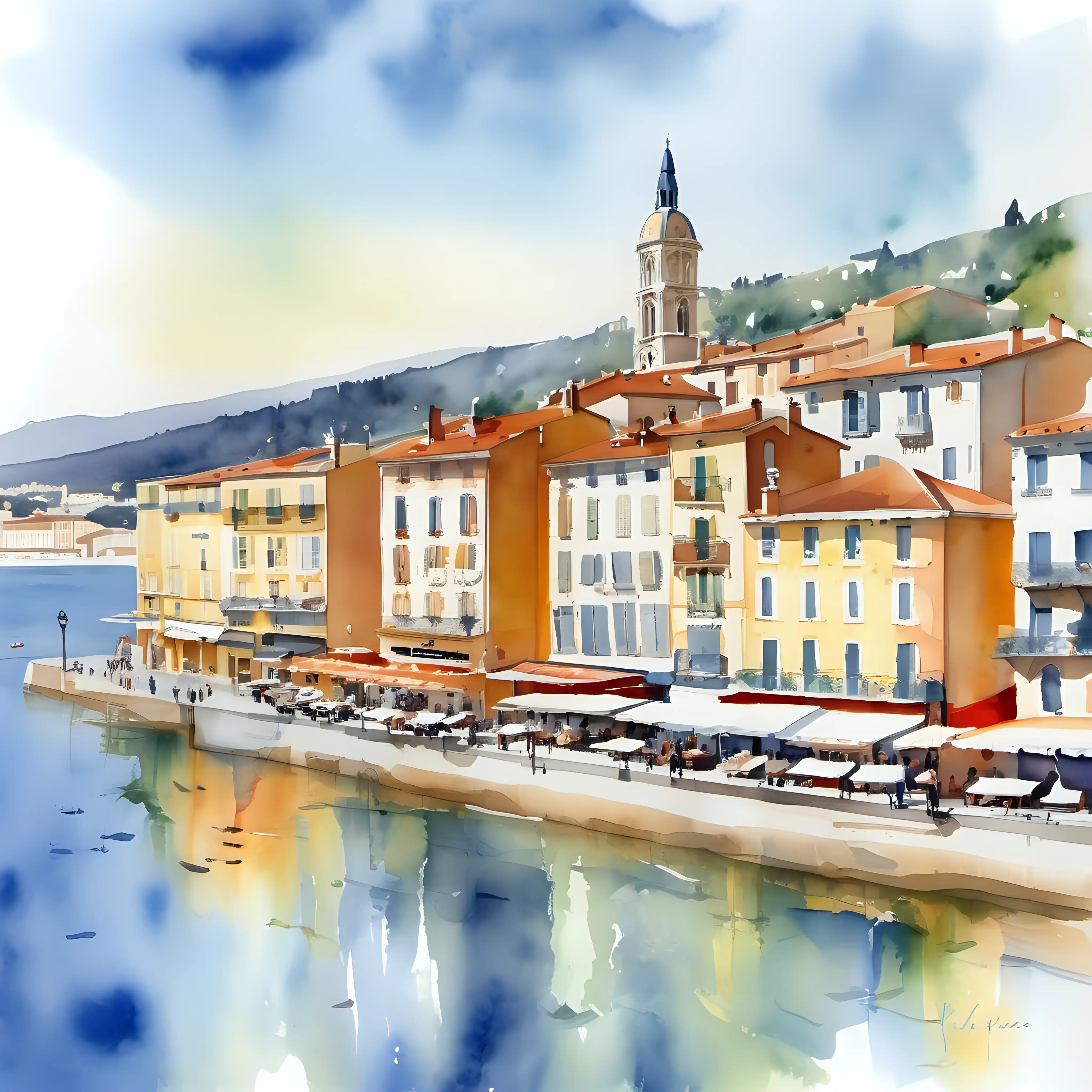 Vibrant Watercolor Depiction of Nice Frances Scenic Beauty