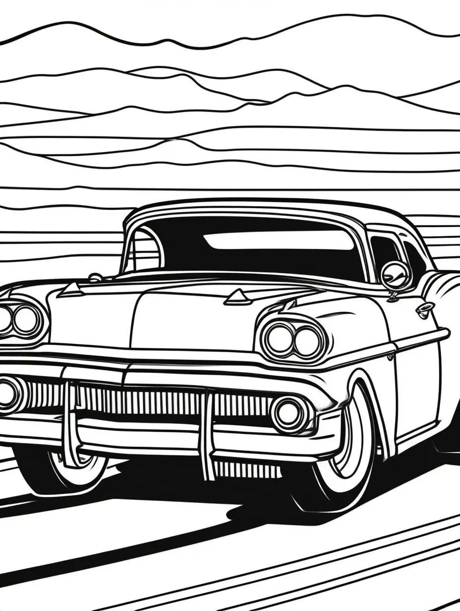 coloring book for kids, thick lines, no shading, less detail, hot rod car