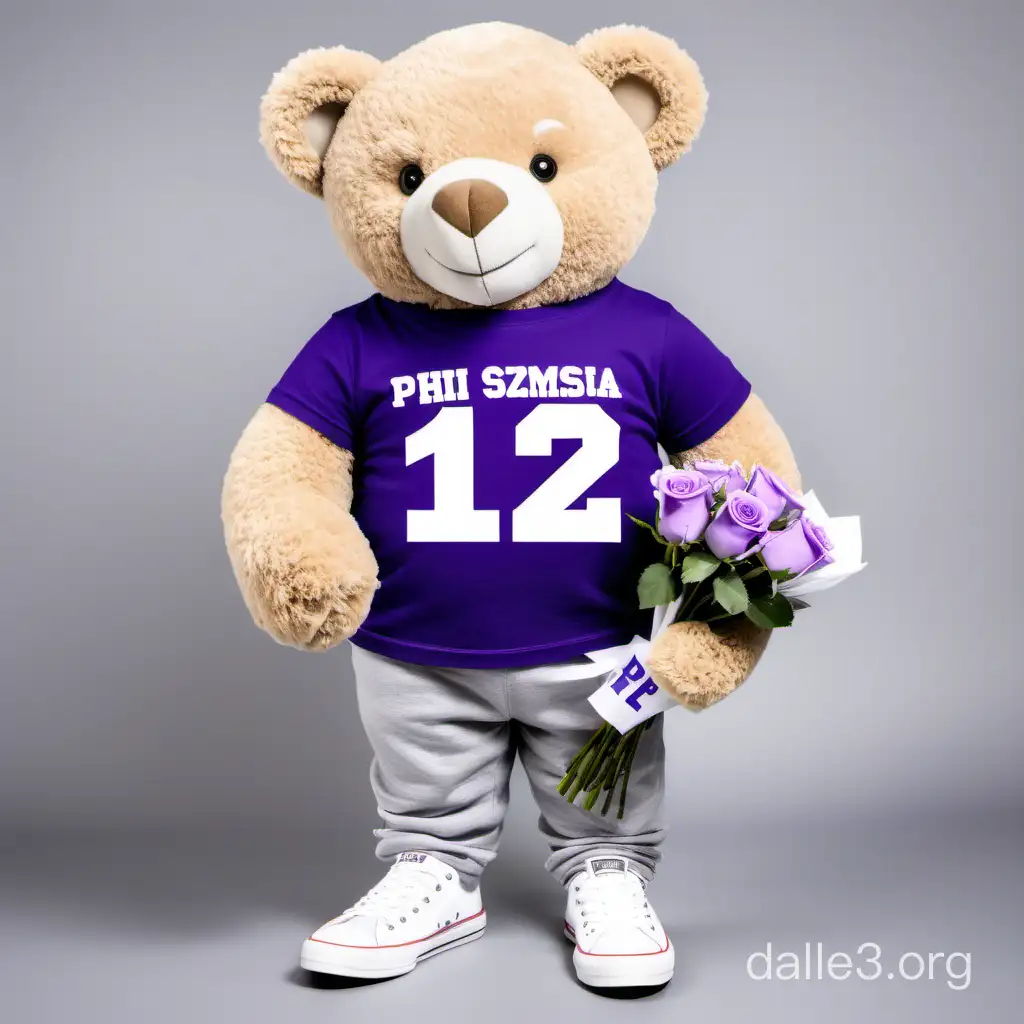Polo bear holding white bouquet of 14 roses with purple tshirt with white greek “phi sigma phi” letters and grey sweatpants with black converse with white background