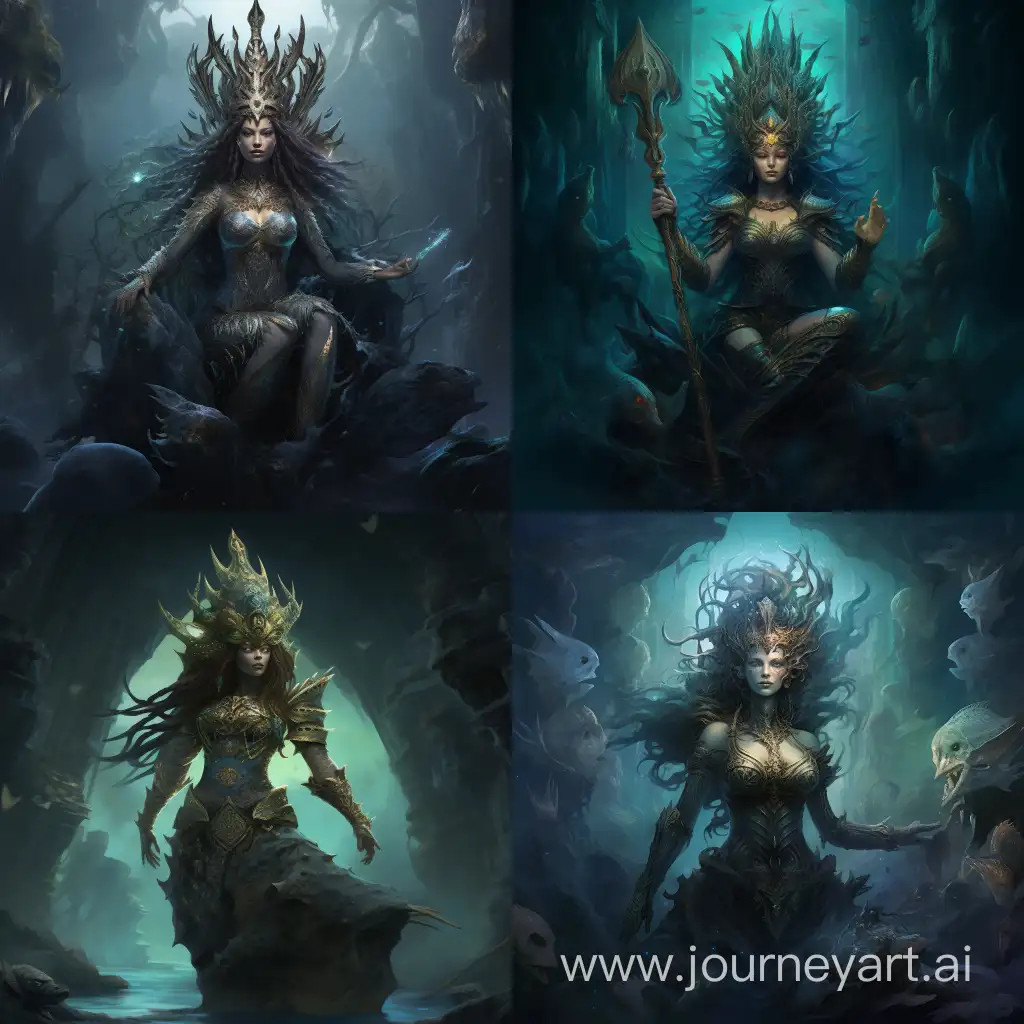 Immerse yourself in the dark and mysterious depths of the ocean, where a majestic Mermaid Queen reigns supreme upon a throne crafted from shipwreck debris and human bones. She resides in the heart of an underwater cave, hidden from the prying eyes of the world above. Her finned subjects gather around her, bringing offerings as she plots the doom of sailors who dare venture into her domain. The image is ultra sharp and highly detailed, with intricate elements that showcase the Queen's splendor. The artwork aims for photorealism, capturing every minute detail with precision. The resolution is set at an astonishing 32k, ensuring an unparalleled level of clarity and realism (Mermaid Queen:1.5, shipwreck debris:1.4, human bones:1.4, underwater cave:1.3, finned subjects:1.3, offerings:1.3, doom of sailors:1.3, ultra sharp:1.5, realistic:1.5, highly detailed:1.5, intricate details:1.5, photorealism:1.5, 32k:1.5).