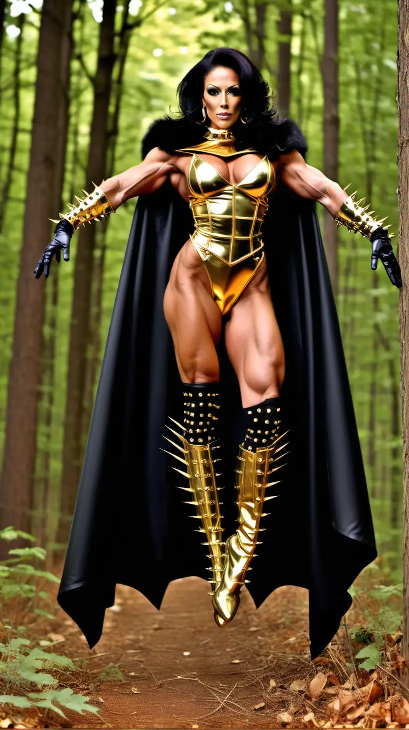 Two Nancy dell'olio ifbb worlds most muscular female bodybuilder. Superhero flying hovering above a forest. Patent thigh high stiletto boots with gold spikes, pvc bodysuit showing cleavage, wide gold belt with spikes, gold gauntlets with spikes, long black cape which is lined with gold, gold spikes on shoulders, wide gold choker necklace, long leather gloves, big statement gold rings, fur shoulders