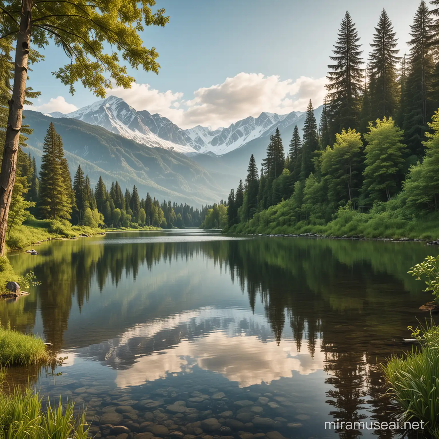serene landscape with a tranquil lake surrounded by lush green trees and snow-capped mountains in the distance



