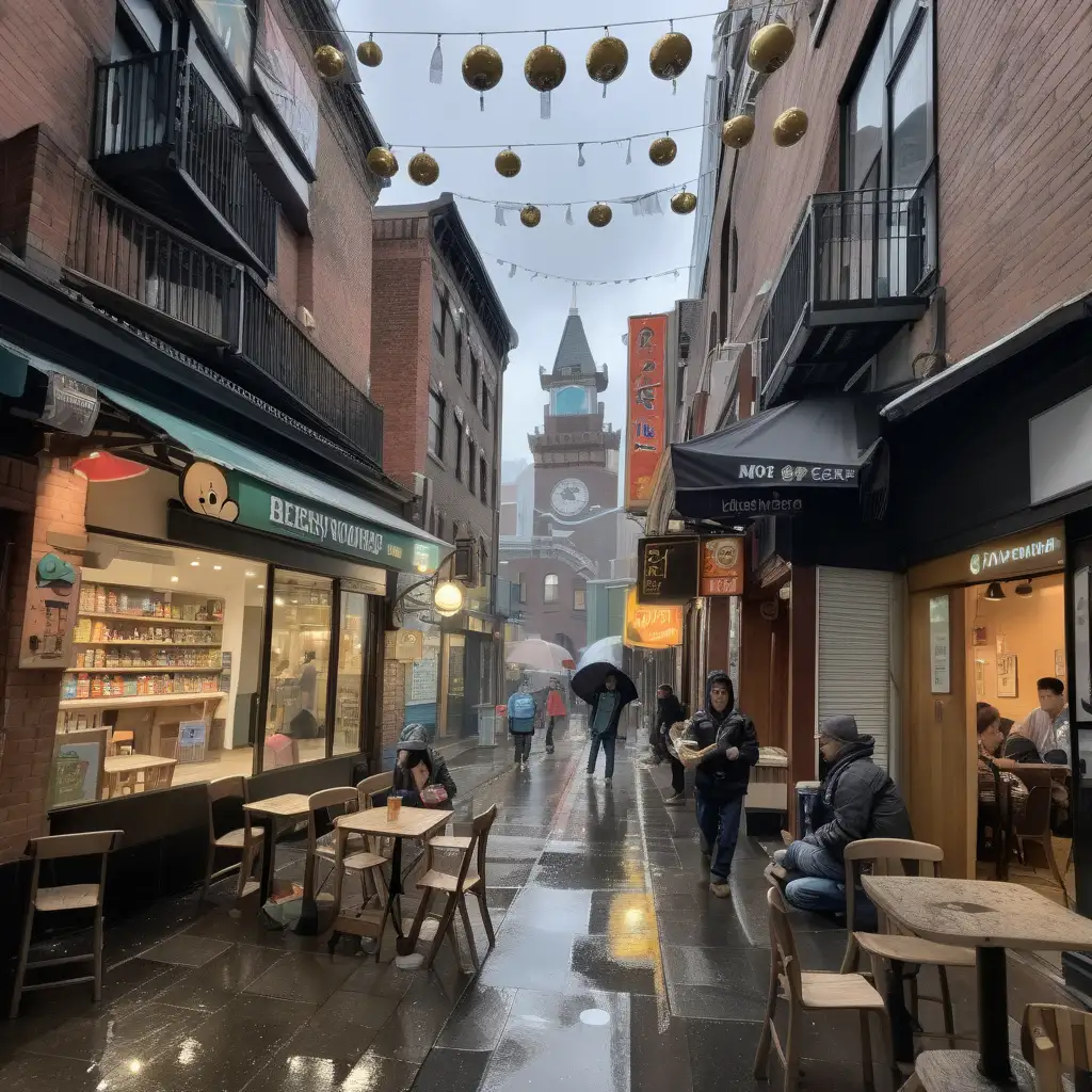 Urban Nightlife in a PostModern Laneway Amidst Heavy Rain