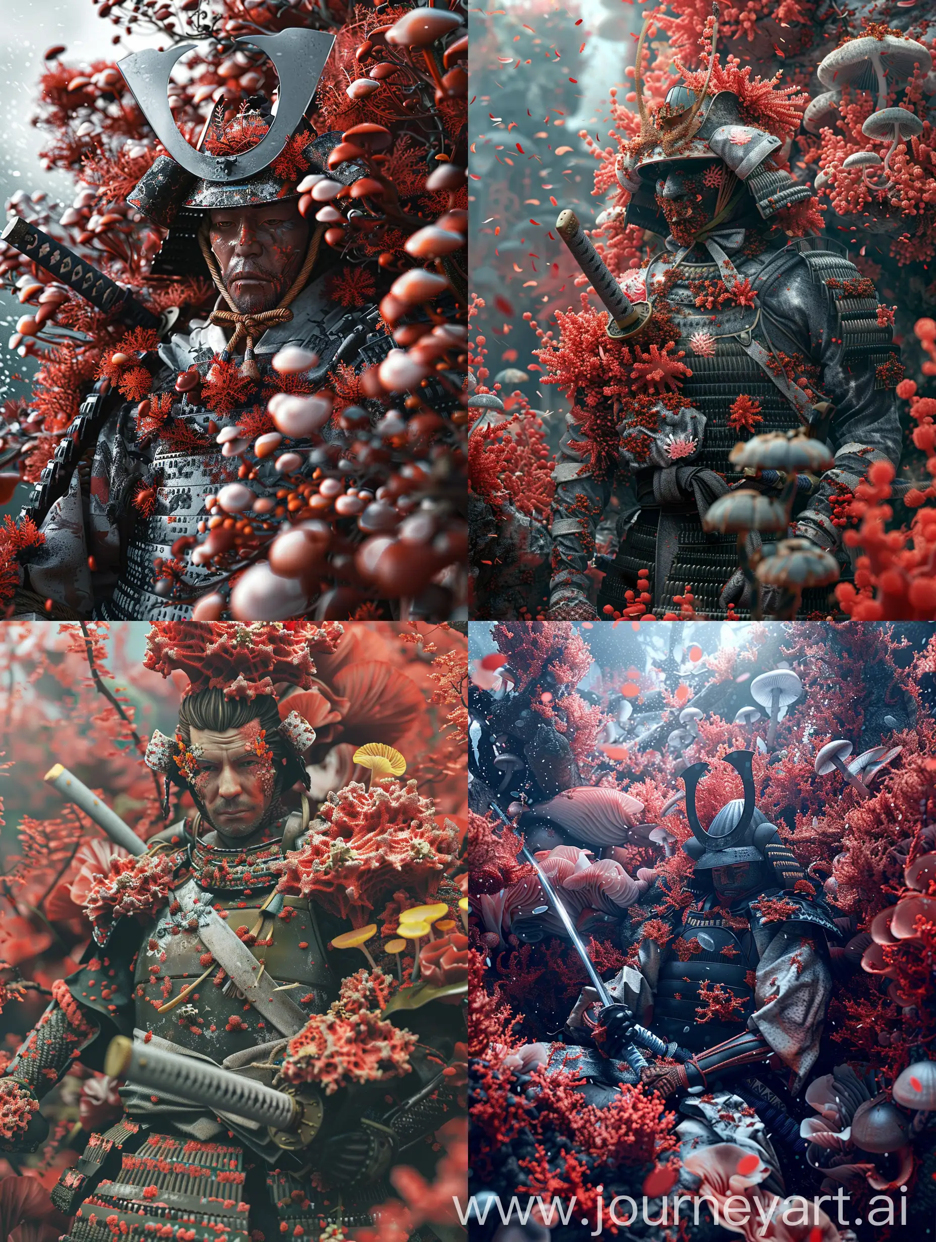 samurai surrounded by and covered in colourful red Florecent coral and fungi, hyper realistic, 3d,